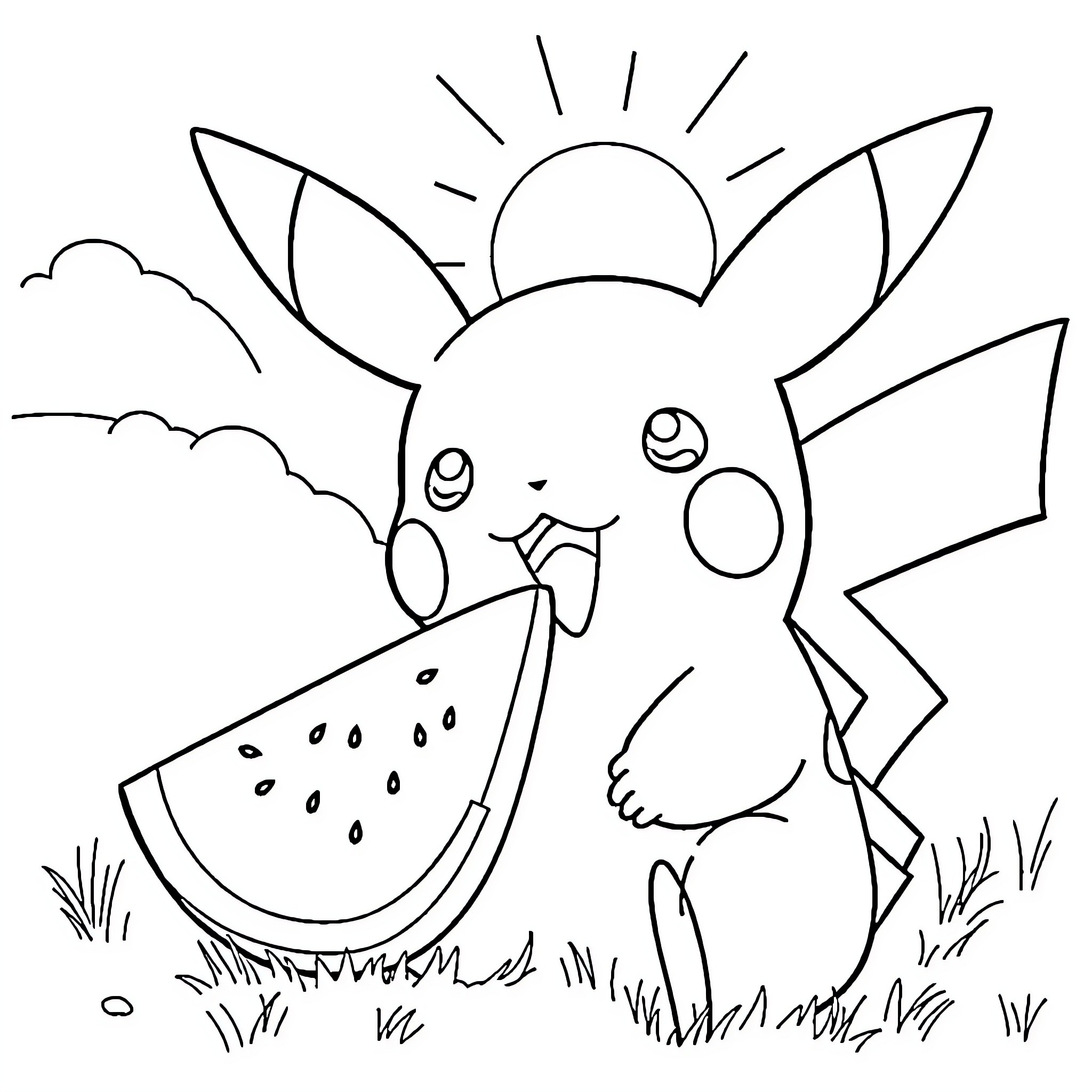 Pikachu enjoying a juicy watermelon in the sun Coloring Page (free black-and-white line drawing printable PDF for all, from beginners to advanced learners, including children, teens, adults, and seniors)