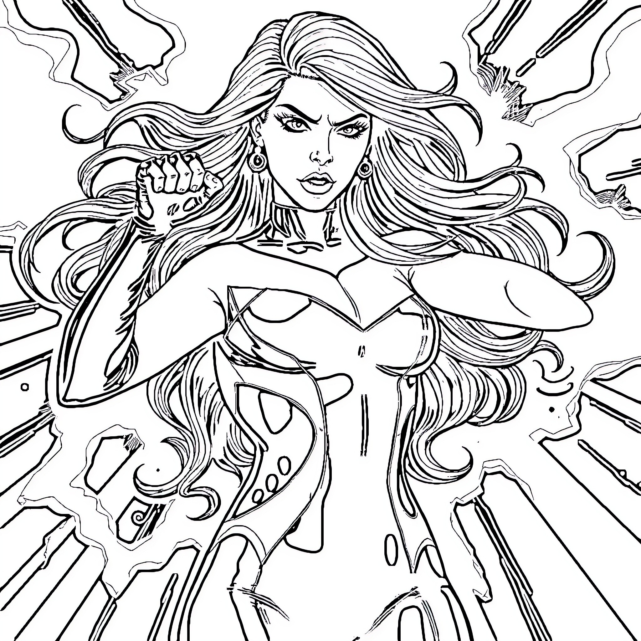 Black Widow's Intense Action and Heroic Stance Coloring Page (free black-and-white line drawing printable PDF for all, from beginners to advanced learners, including children, teens, adults, and seniors)
