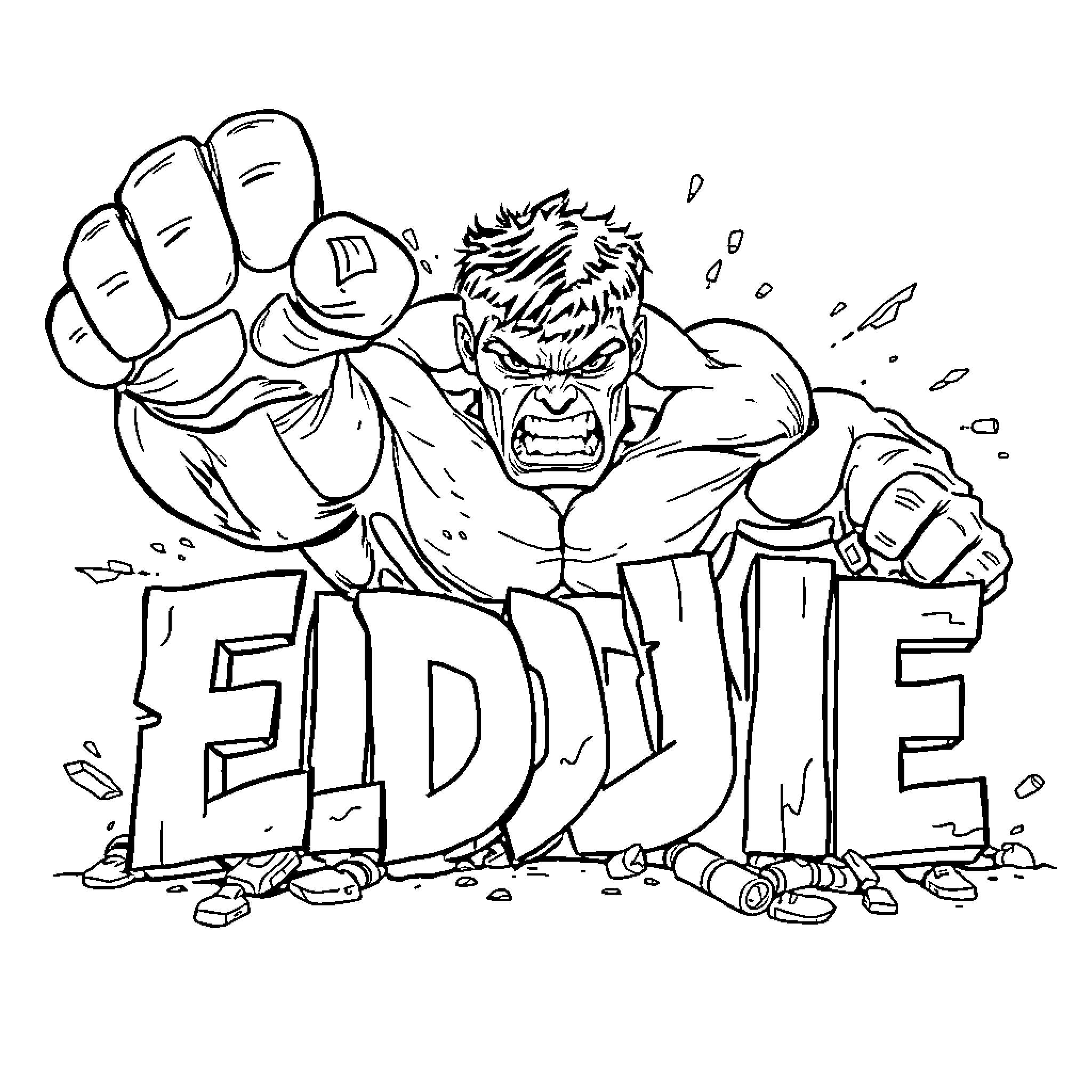 Hulk smashing through the word 'EDDIE' Coloring Page (free black-and-white line drawing printable PDF for all, from beginners to advanced learners, including children, teens, adults, and seniors)