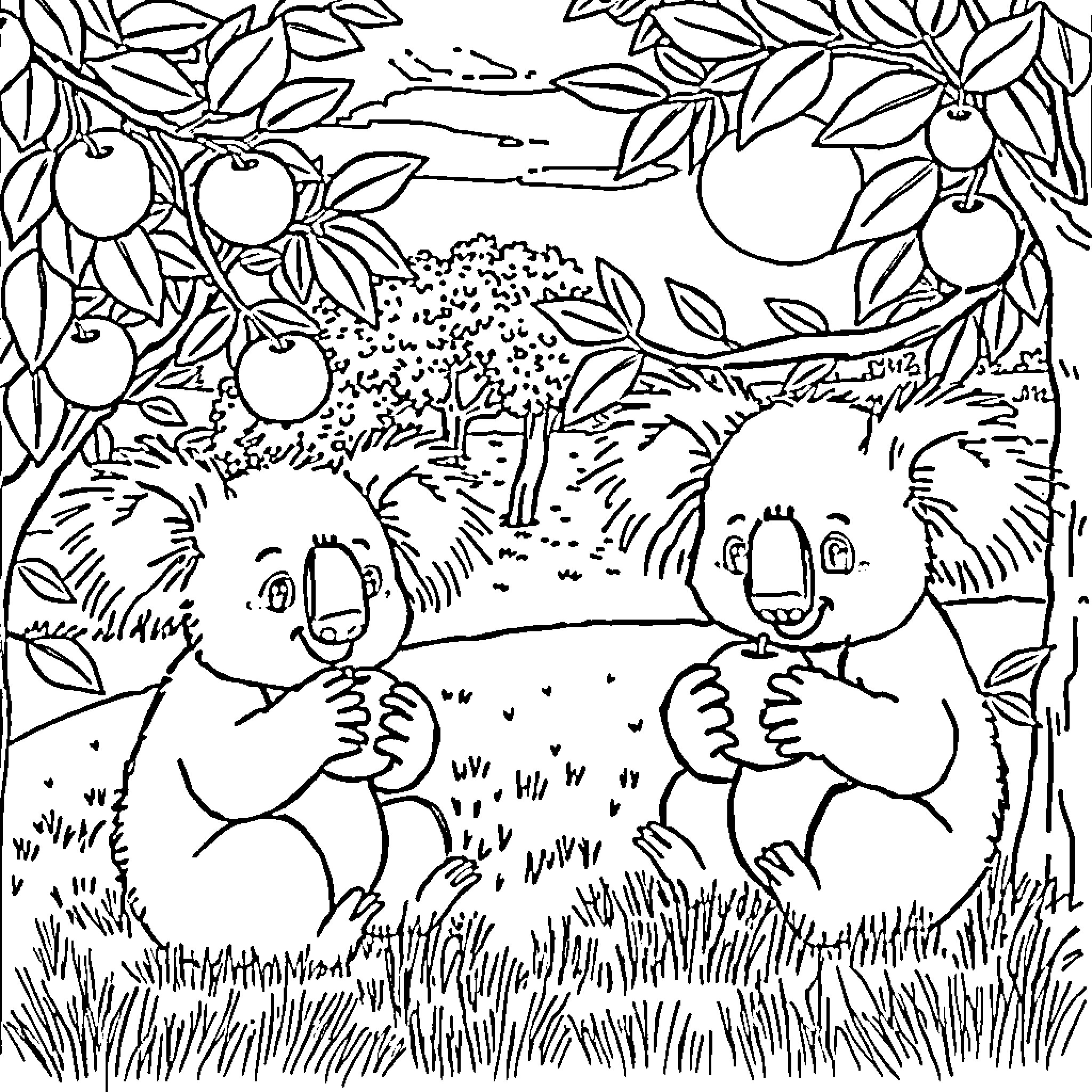 Koalas exploring a lush, fruit-filled landscape Coloring Page (free black-and-white line drawing printable PDF for all, from beginners to advanced learners, including children, teens, adults, and seniors)