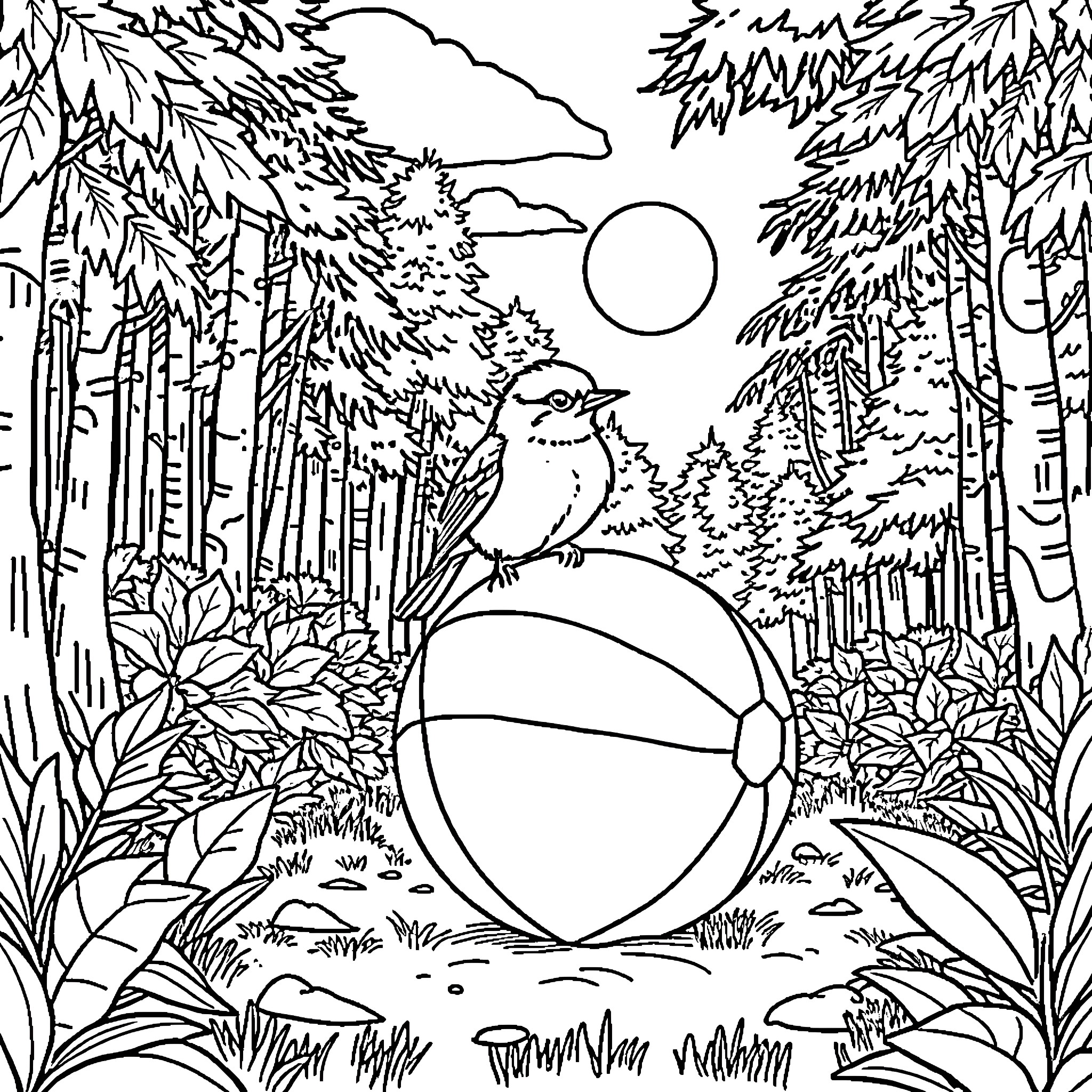 Bird resting in forest with ball Coloring Page (free black-and-white line drawing printable PDF for all, from beginners to advanced learners, including children, teens, adults, and seniors)