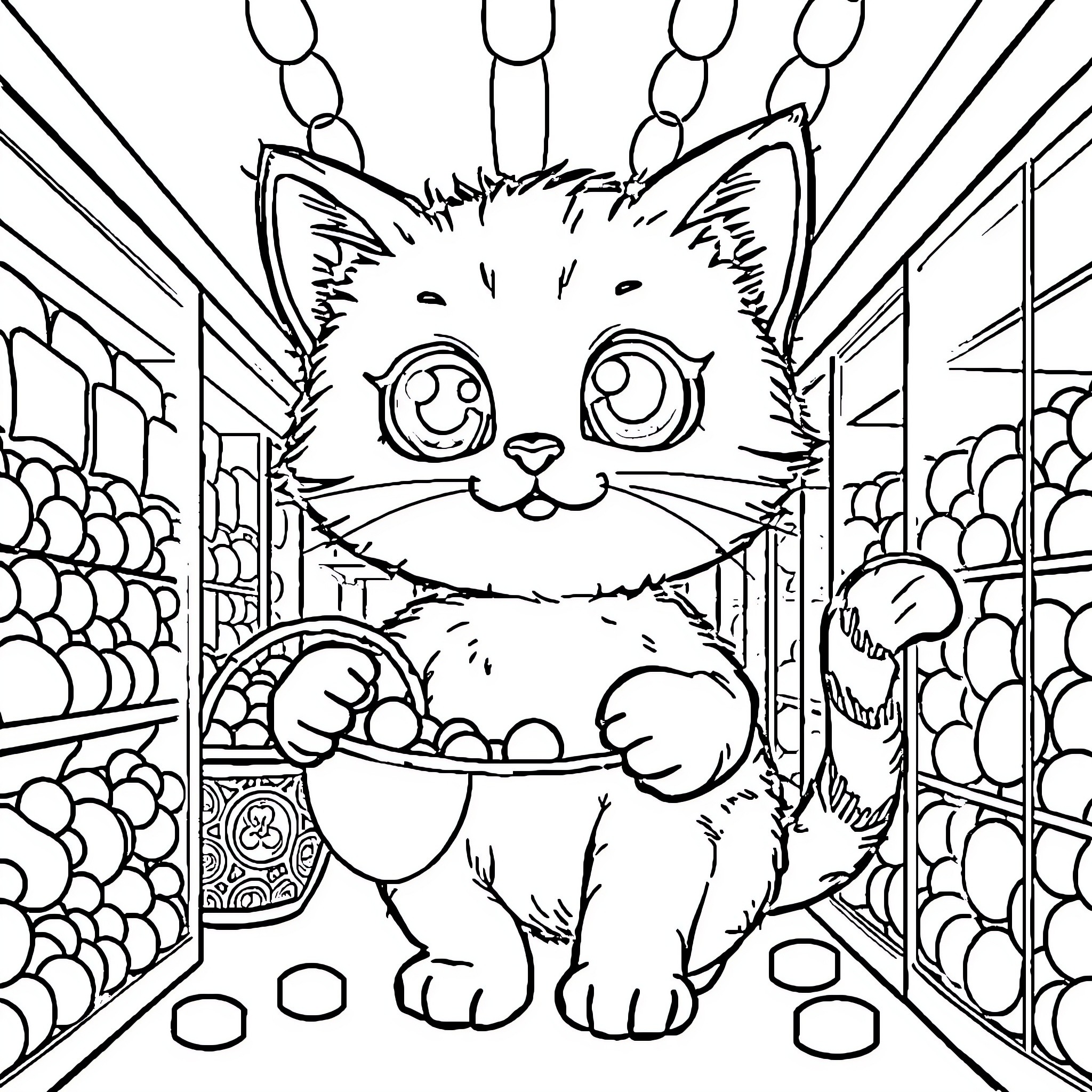 Cat exploring a colorful supermarket scene Coloring Page (free black-and-white line drawing printable PDF for all, from beginners to advanced learners, including children, teens, adults, and seniors)