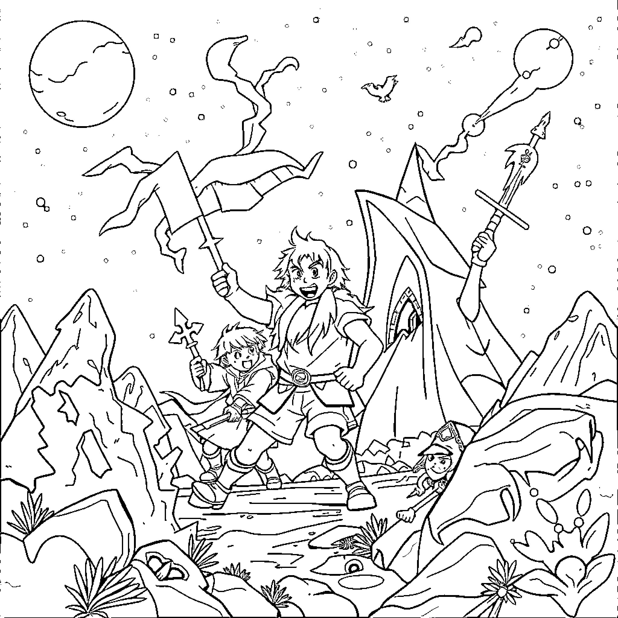 Adventure Time with Adventurers in a Magical World Coloring Page (free black-and-white line drawing printable PDF for all, from beginners to advanced learners, including children, teens, adults, and seniors)