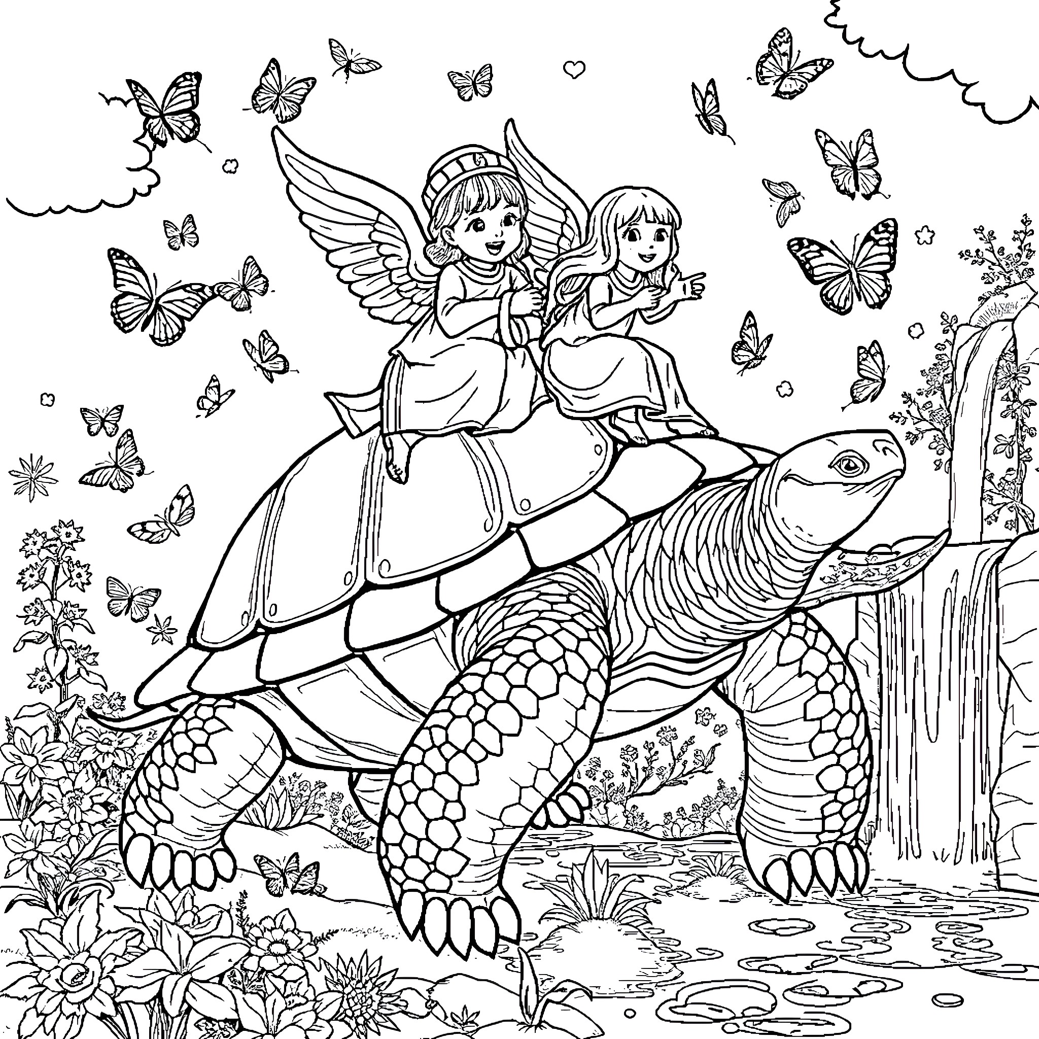 Angel Fairies Riding on Magical Turtle Coloring Page (free black-and-white line drawing printable PDF for all, from beginners to advanced learners, including children, teens, adults, and seniors)