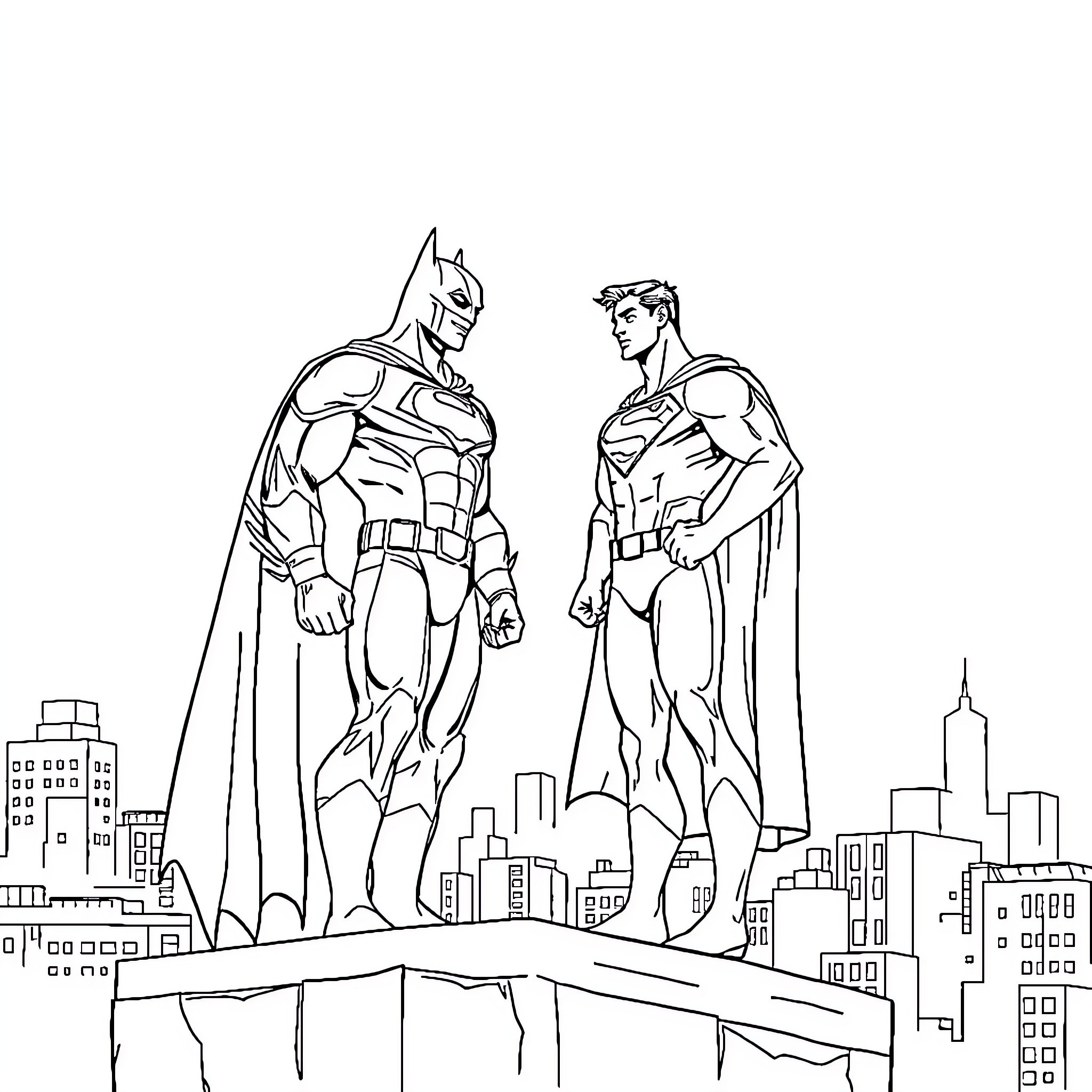 Batman and Robin Facing the City Skyline Coloring Page (free black-and-white line drawing printable PDF for all, from beginners to advanced learners, including children, teens, adults, and seniors)