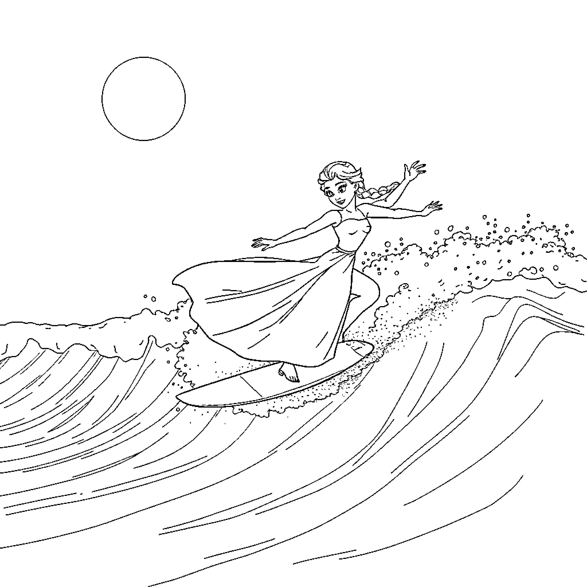 Elsa riding the waves with graceful movements Coloring Page (free black-and-white line drawing printable PDF for all, from beginners to advanced learners, including children, teens, adults, and seniors)