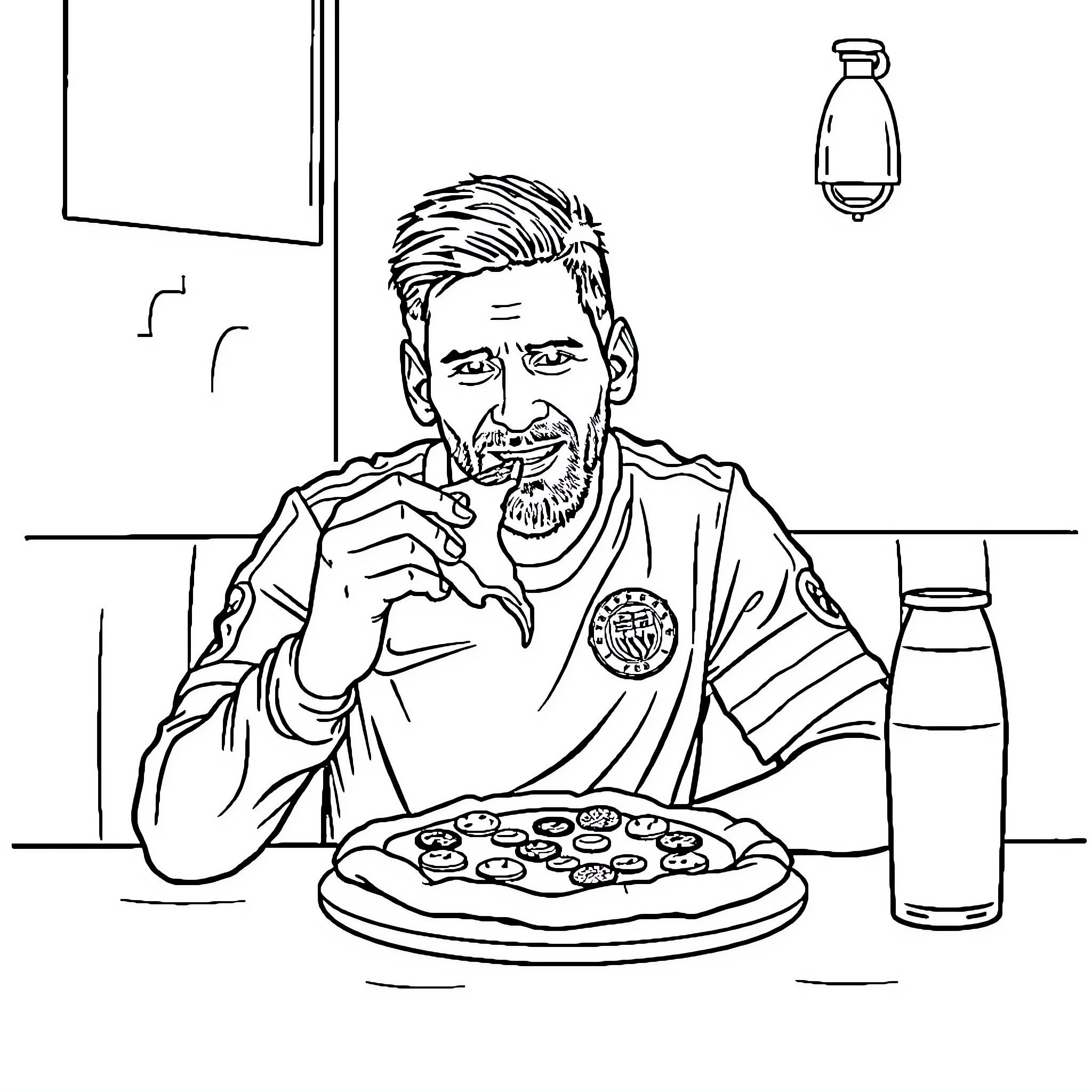 Messi enjoying a pizza and soda in casual outfit Coloring Page (free black-and-white line drawing printable PDF for all, from beginners to advanced learners, including children, teens, adults, and seniors)