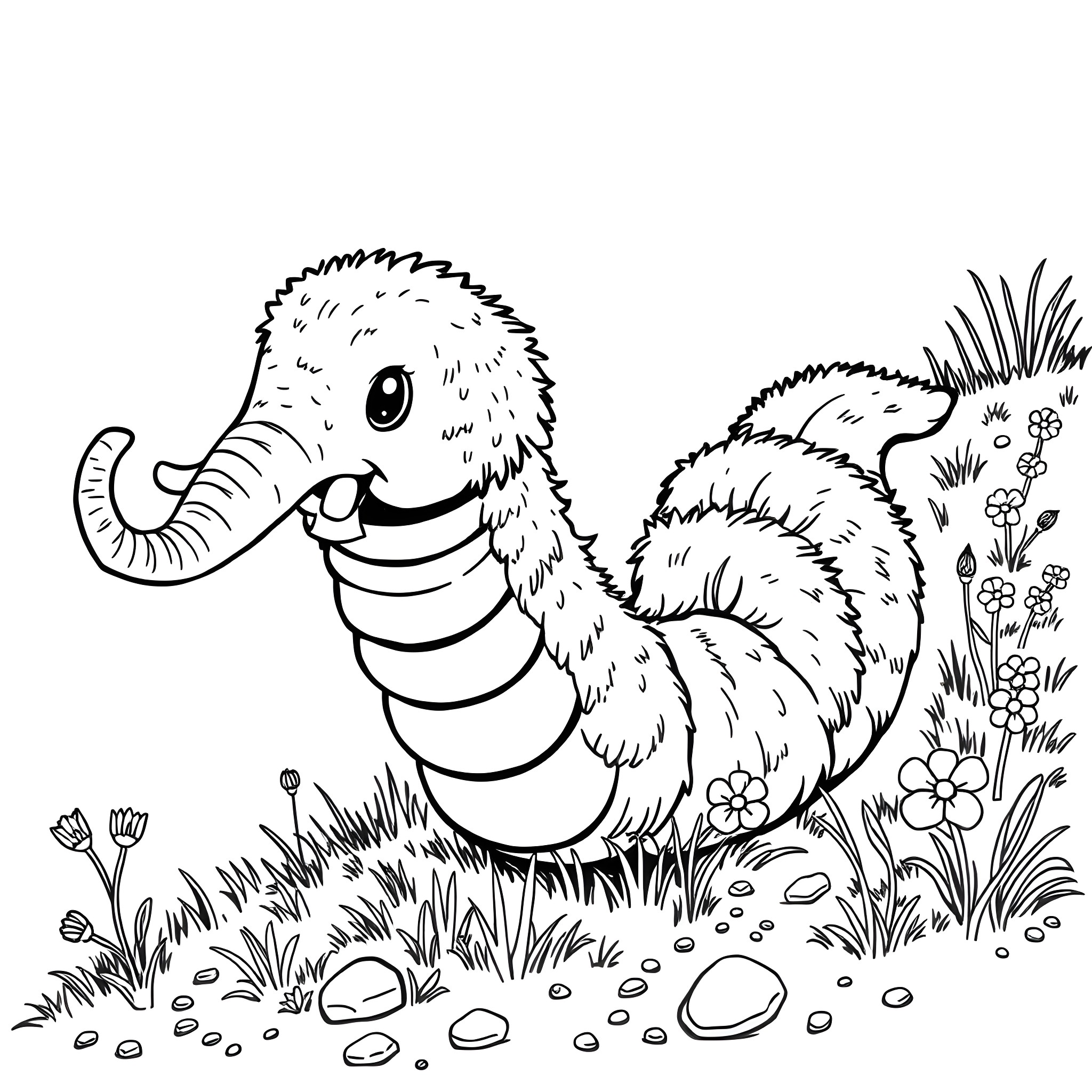 Worm exploring the garden with curiosity Coloring Page (free black-and-white line drawing printable PDF for all, from beginners to advanced learners, including children, teens, adults, and seniors)