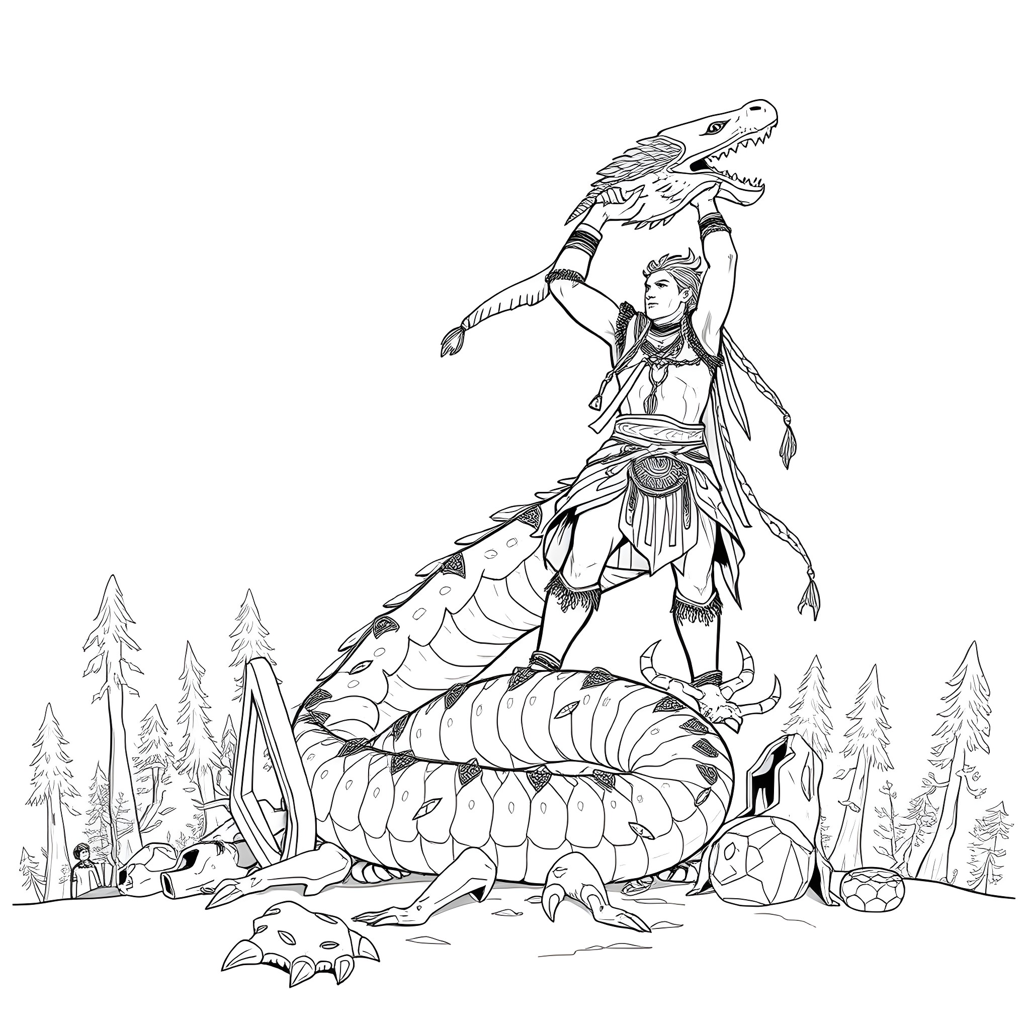 Warrior Battling Monstrous Serpent in Forest Coloring Page (free black-and-white line drawing printable PDF for all, from beginners to advanced learners, including children, teens, adults, and seniors)