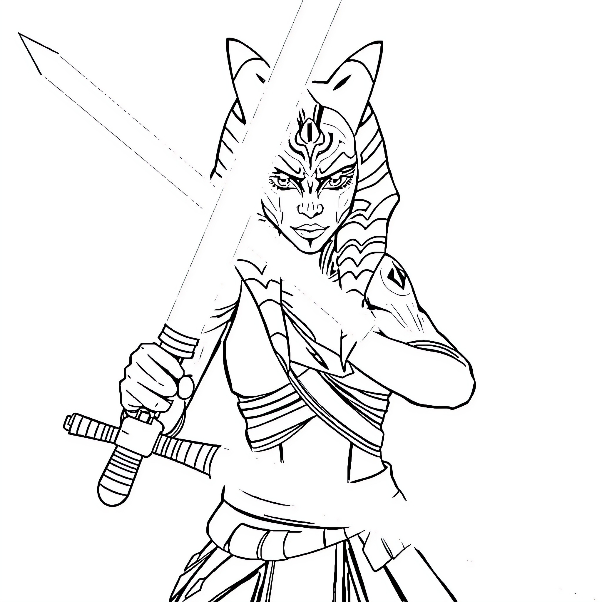 Ahsoka Tano wielding lightsabers in combat stance Coloring Page (free black-and-white line drawing printable PDF for all, from beginners to advanced learners, including children, teens, adults, and seniors)