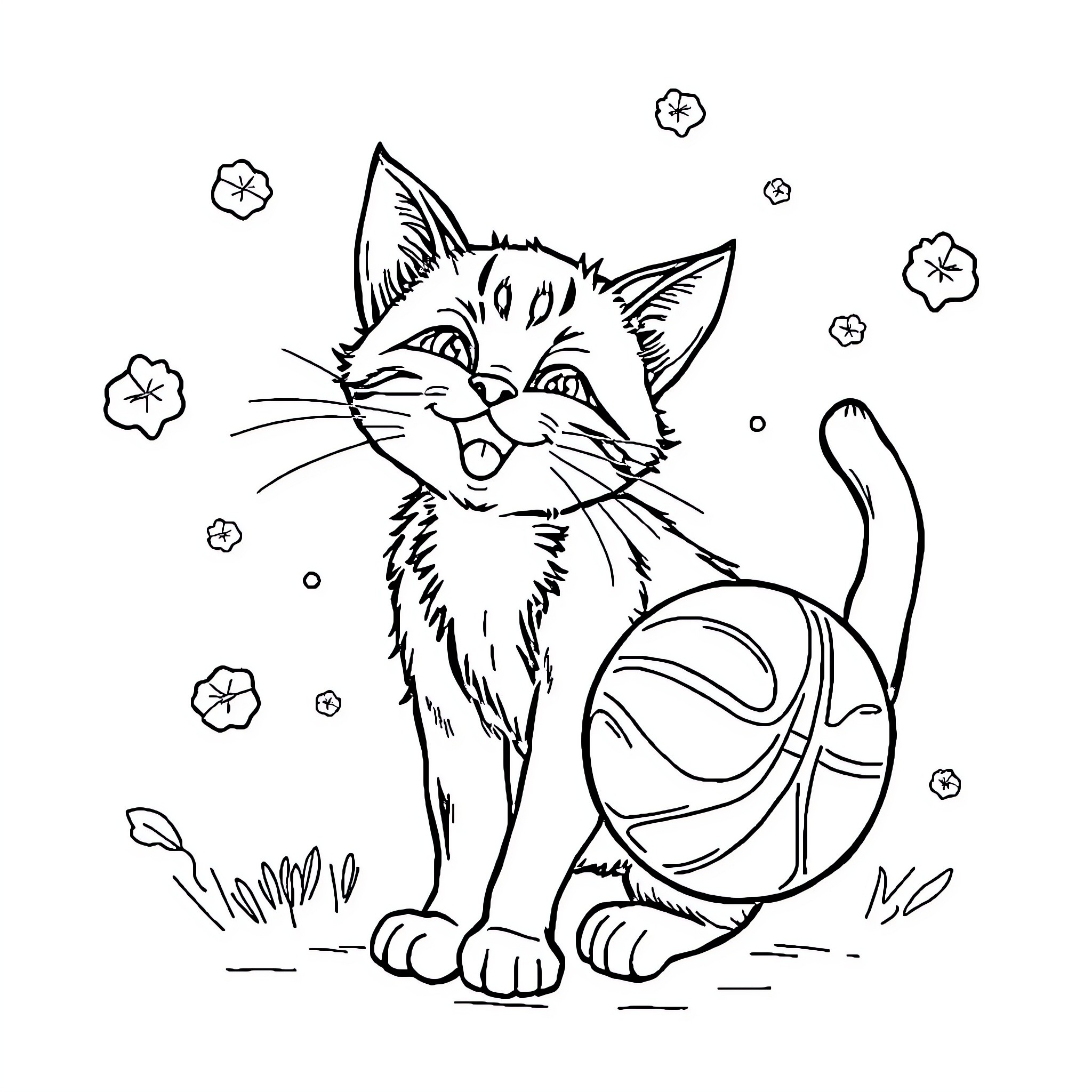 Cat playing with toy ball surrounded by flowers Coloring Page (free black-and-white line drawing printable PDF for all, from beginners to advanced learners, including children, teens, adults, and seniors)