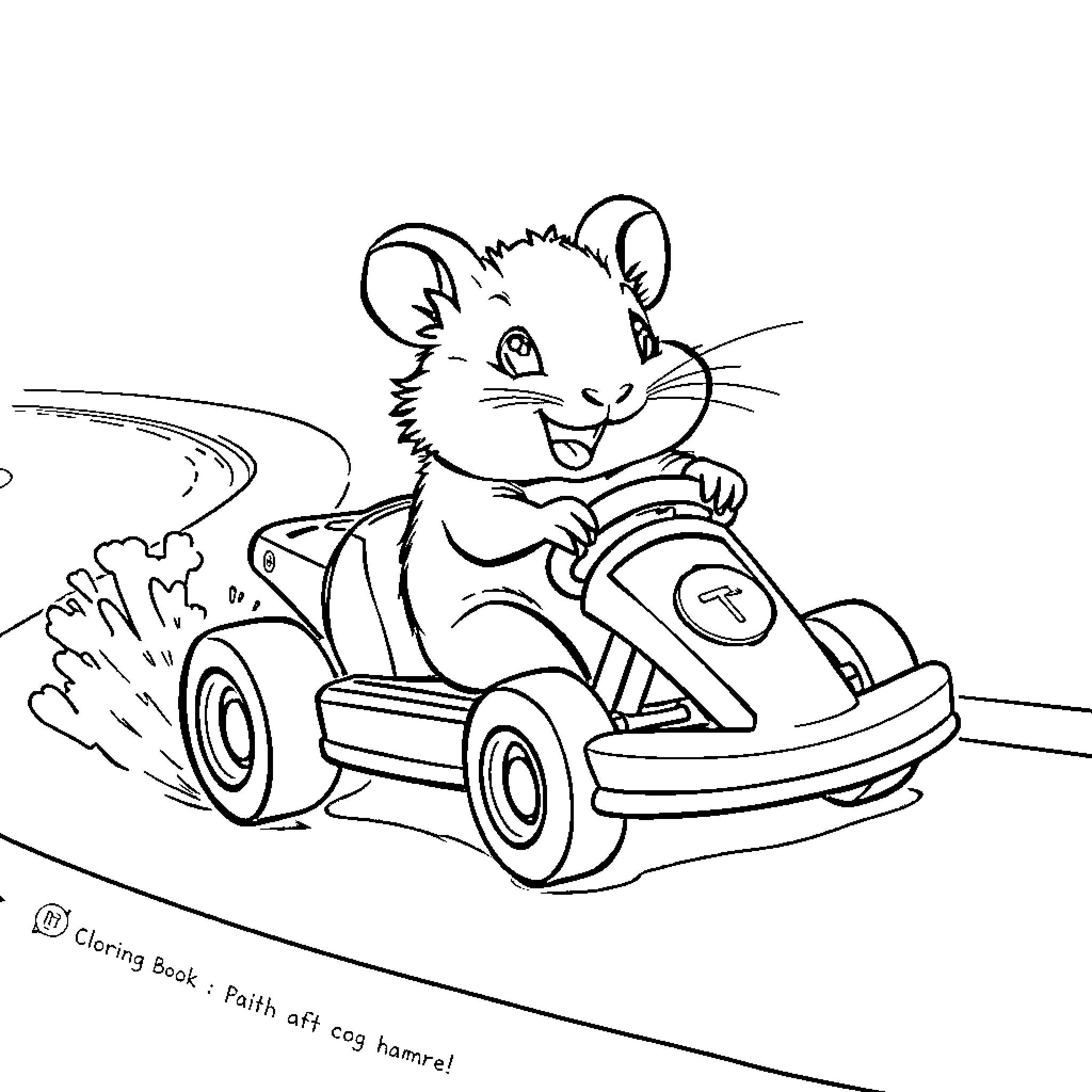 Hamster driving a race car happily Coloring Page (free black-and-white line drawing printable PDF for all, from beginners to advanced learners, including children, teens, adults, and seniors)