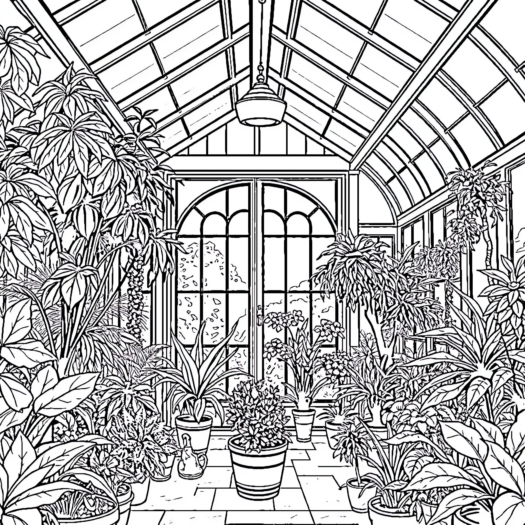 Solarium of lush botanical garden Coloring Page (free black-and-white line drawing printable PDF for all, from beginners to advanced learners, including children, teens, adults, and seniors)