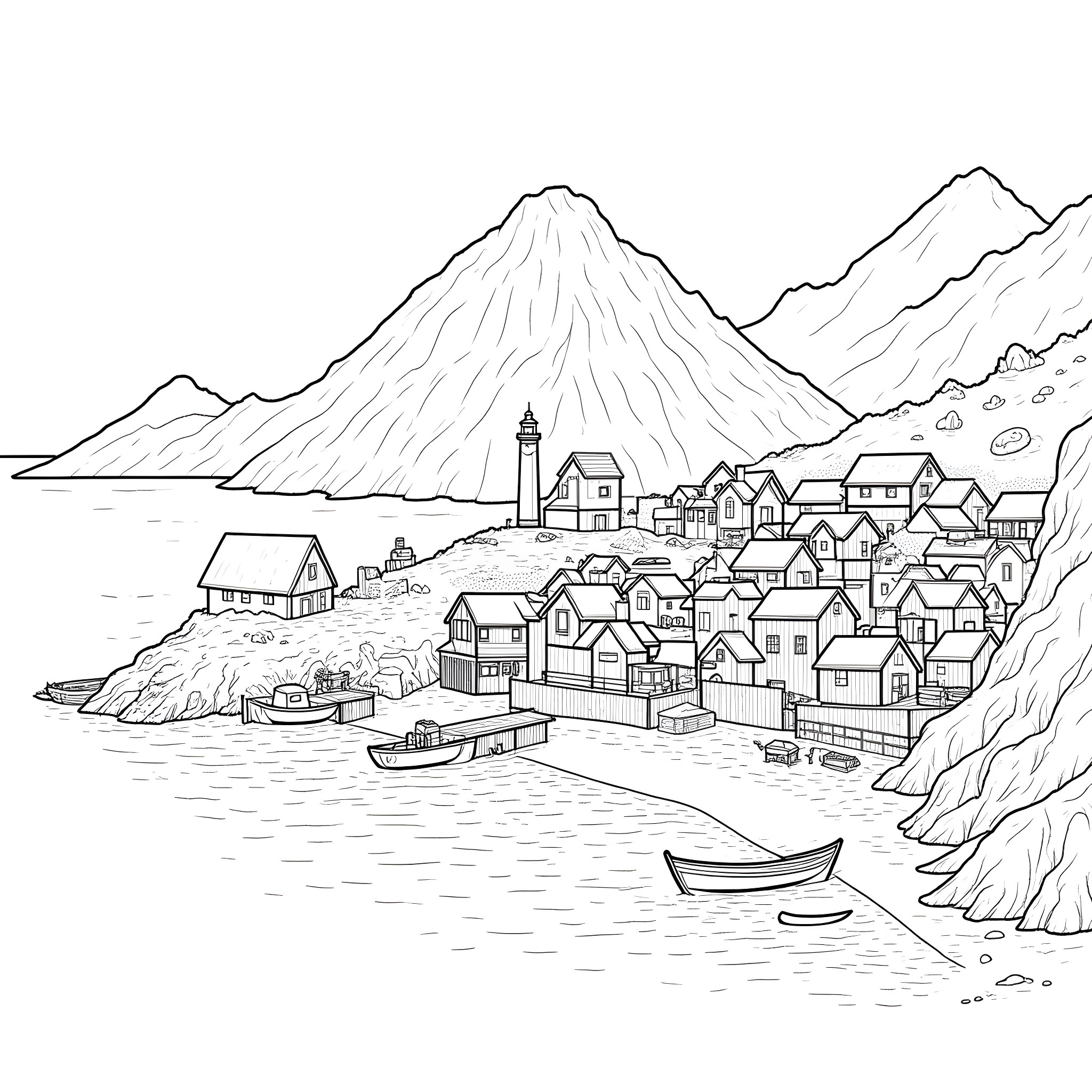 Pueblo by the Mountainous Coastline Coloring Page (free black-and-white line drawing printable PDF for all, from beginners to advanced learners, including children, teens, adults, and seniors)