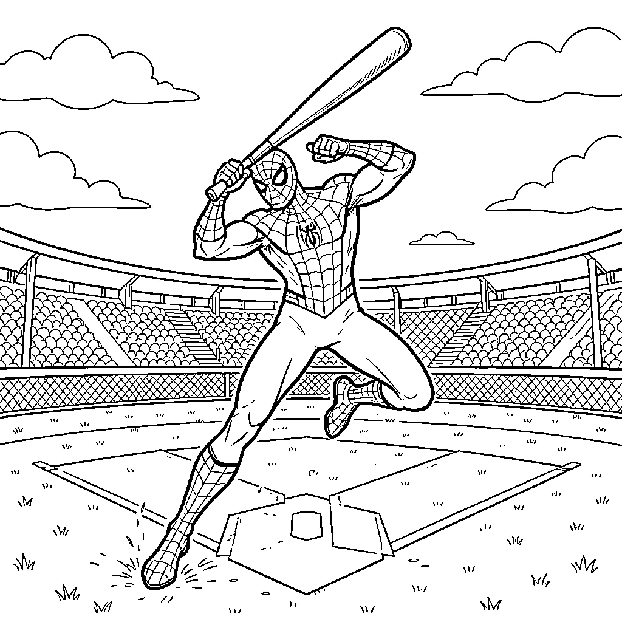 Spiderman swinging a baseball bat in a stadium Coloring Page (free black-and-white line drawing printable PDF for all, from beginners to advanced learners, including children, teens, adults, and seniors)