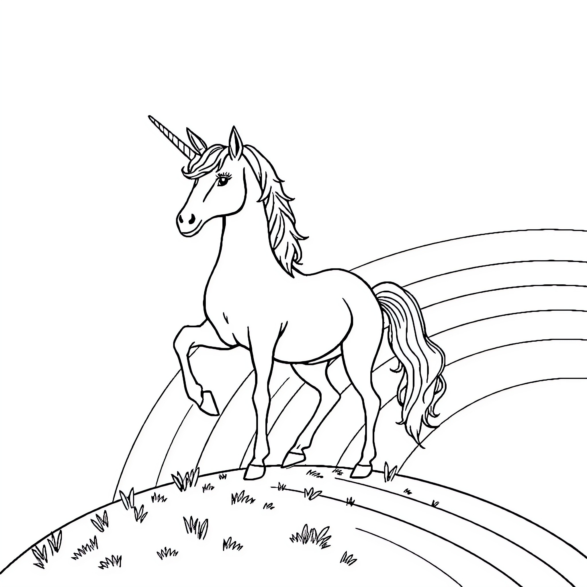 Unicorn standing majestically in a field Coloring Page (free black-and-white line drawing printable PDF for all, from beginners to advanced learners, including children, teens, adults, and seniors)