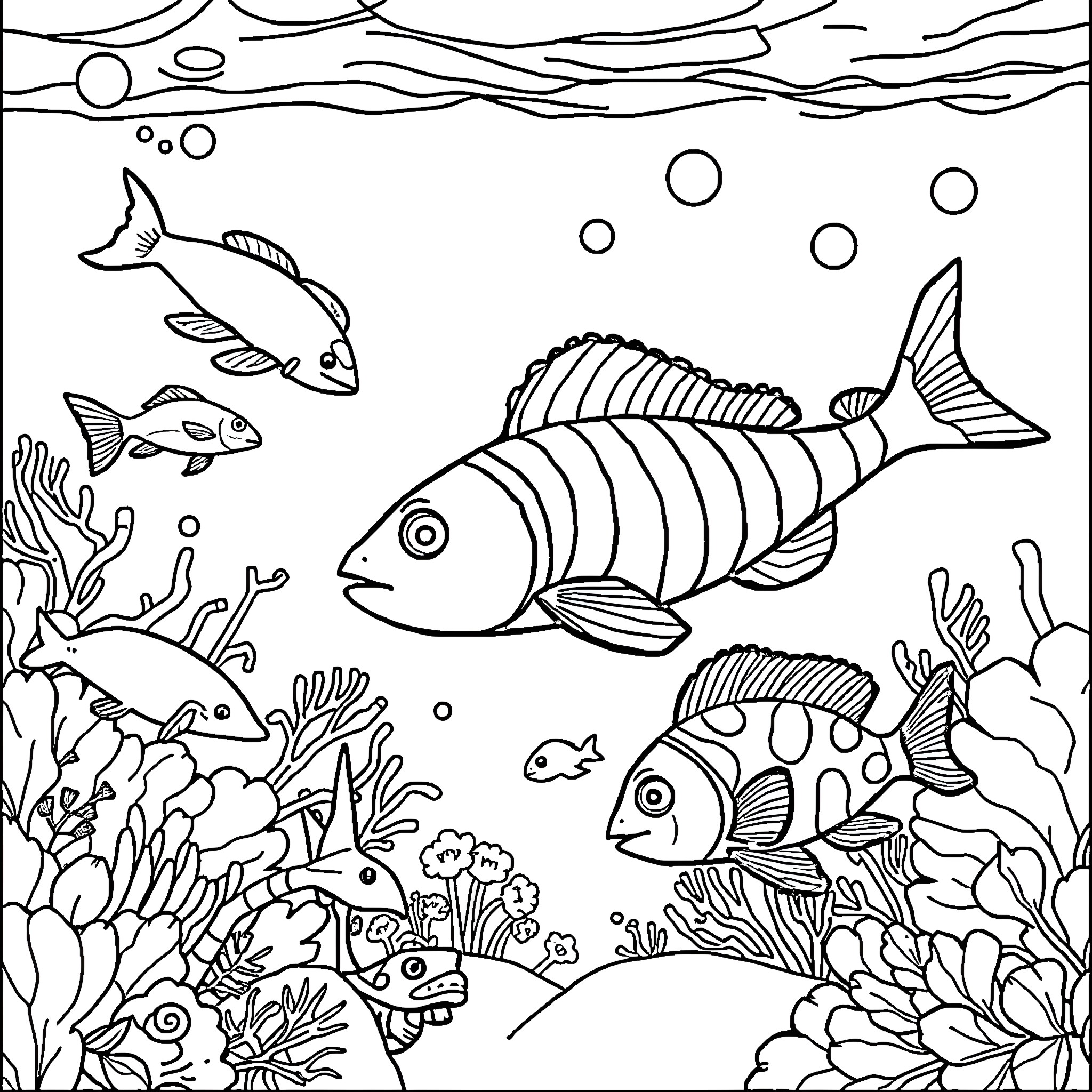 Ocean Animals Swimming in Underwater Scenery Coloring Page (free black-and-white line drawing printable PDF for all, from beginners to advanced learners, including children, teens, adults, and seniors)