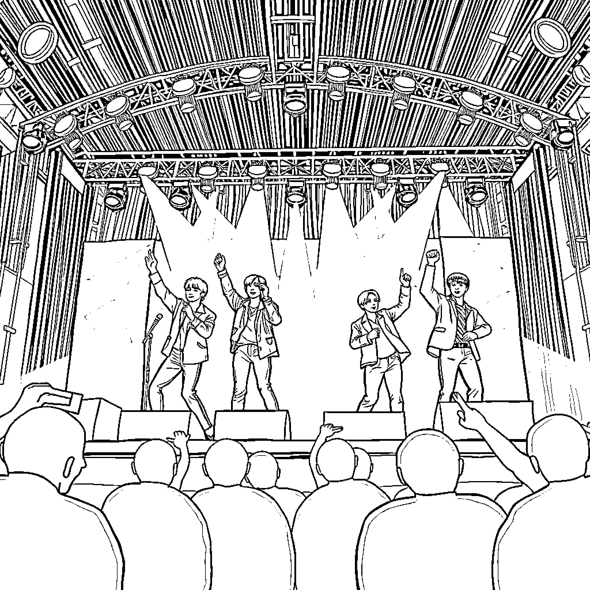 BTS Performing on a Lively Stage Coloring Page (free black-and-white line drawing printable PDF for all, from beginners to advanced learners, including children, teens, adults, and seniors)