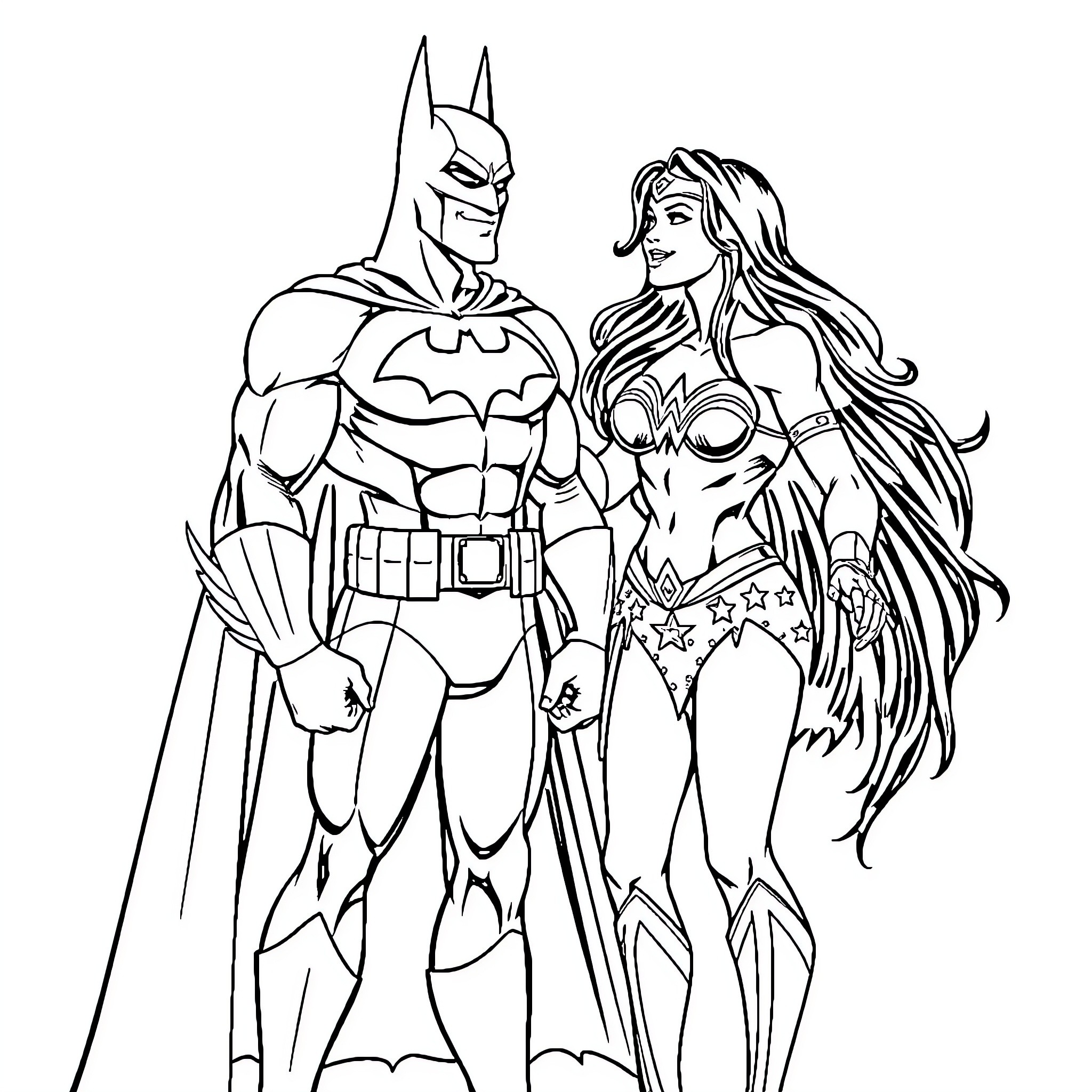 Batman and Wonder Woman in heroic poses Coloring Page (free black-and-white line drawing printable PDF for all, from beginners to advanced learners, including children, teens, adults, and seniors)