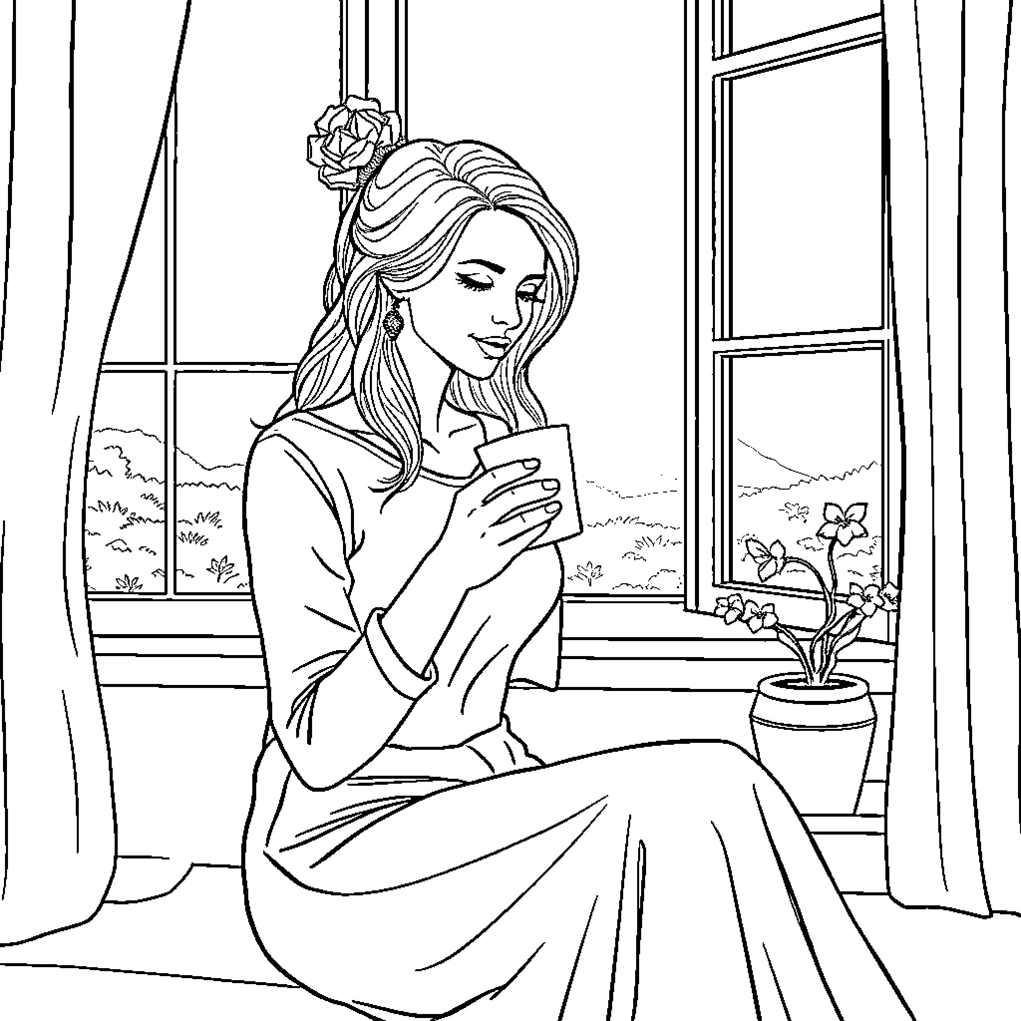 Wife gazing wistfully through window on a scenic day Coloring Page (free black-and-white line drawing printable PDF for all, from beginners to advanced learners, including children, teens, adults, and seniors)
