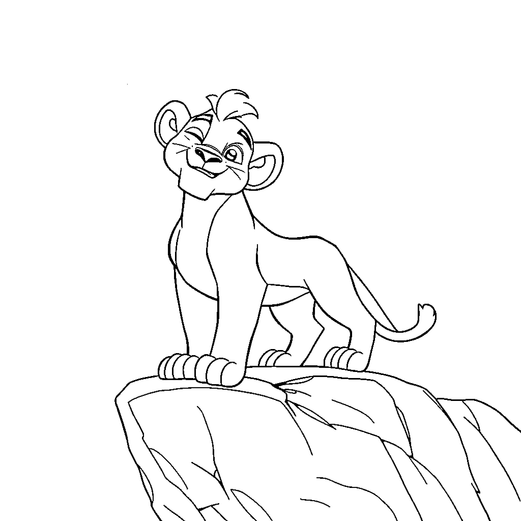 Simba standing proudly on a rocky cliff Coloring Page (free black-and-white line drawing printable PDF for all, from beginners to advanced learners, including children, teens, adults, and seniors)