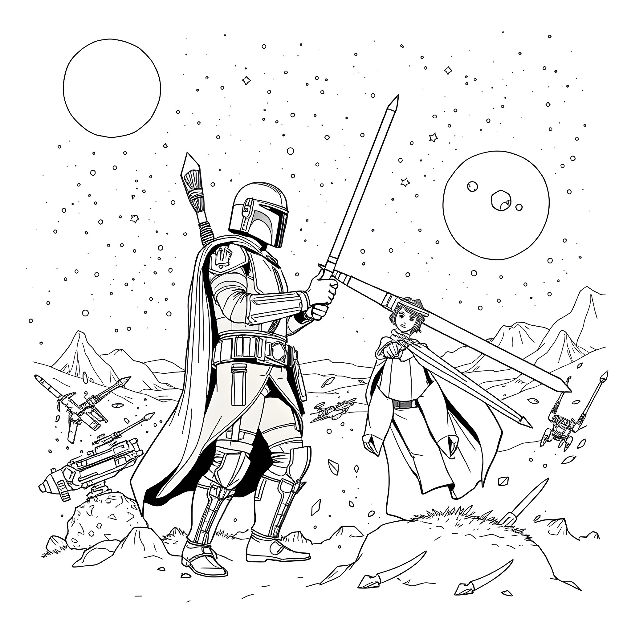 Mandalorian warrior and apprentice in cosmic battle Coloring Page (free black-and-white line drawing printable PDF for all, from beginners to advanced learners, including children, teens, adults, and seniors)