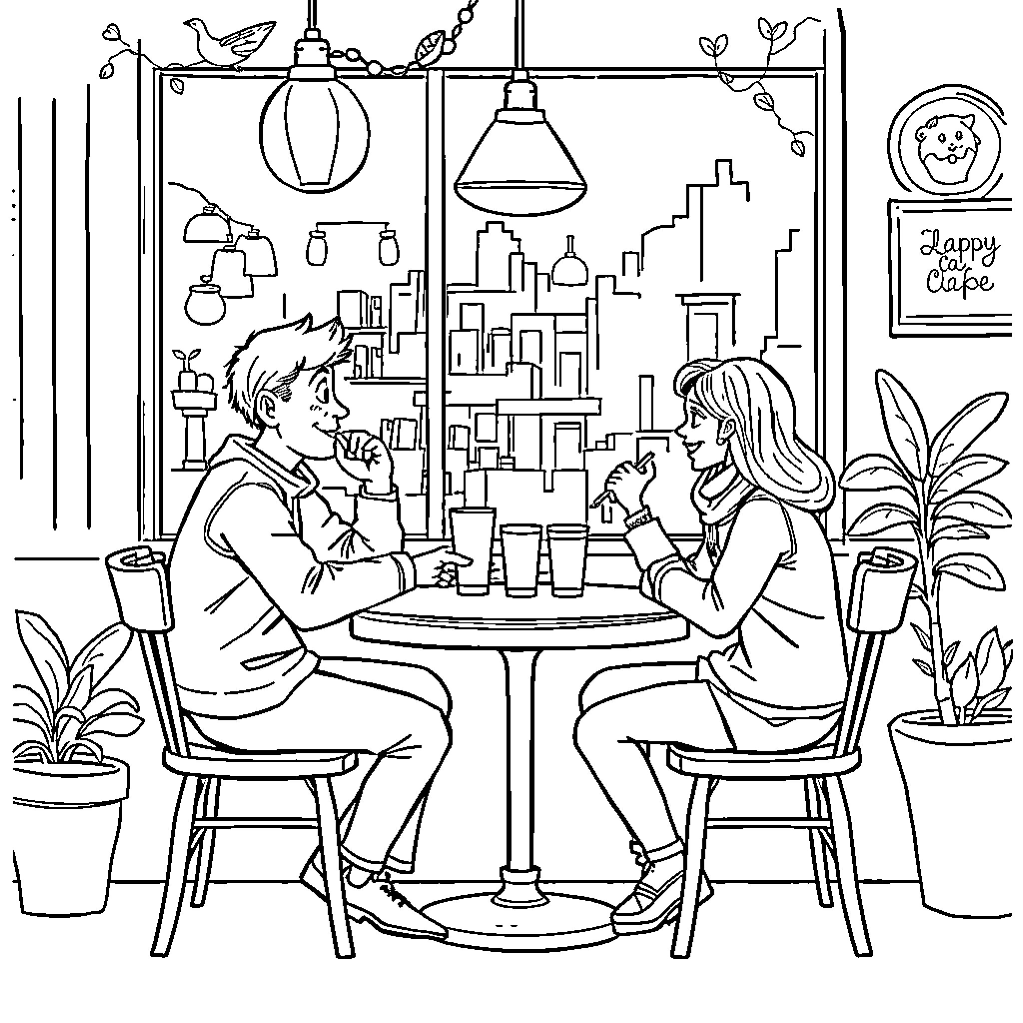 Cat Enjoying Coffee with Friends in Cozy Cafe Coloring Page (free black-and-white line drawing printable PDF for all, from beginners to advanced learners, including children, teens, adults, and seniors)