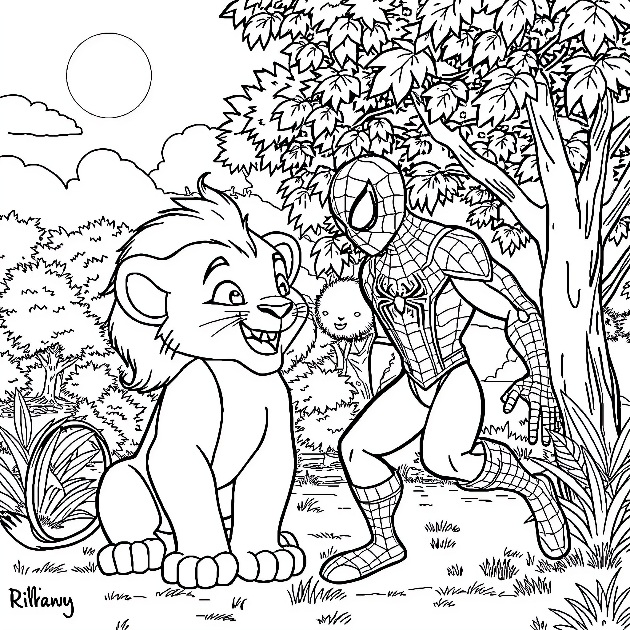 Simba and Spiderman in the Enchanted Forest Coloring Page (free black-and-white line drawing printable PDF for all, from beginners to advanced learners, including children, teens, adults, and seniors)
