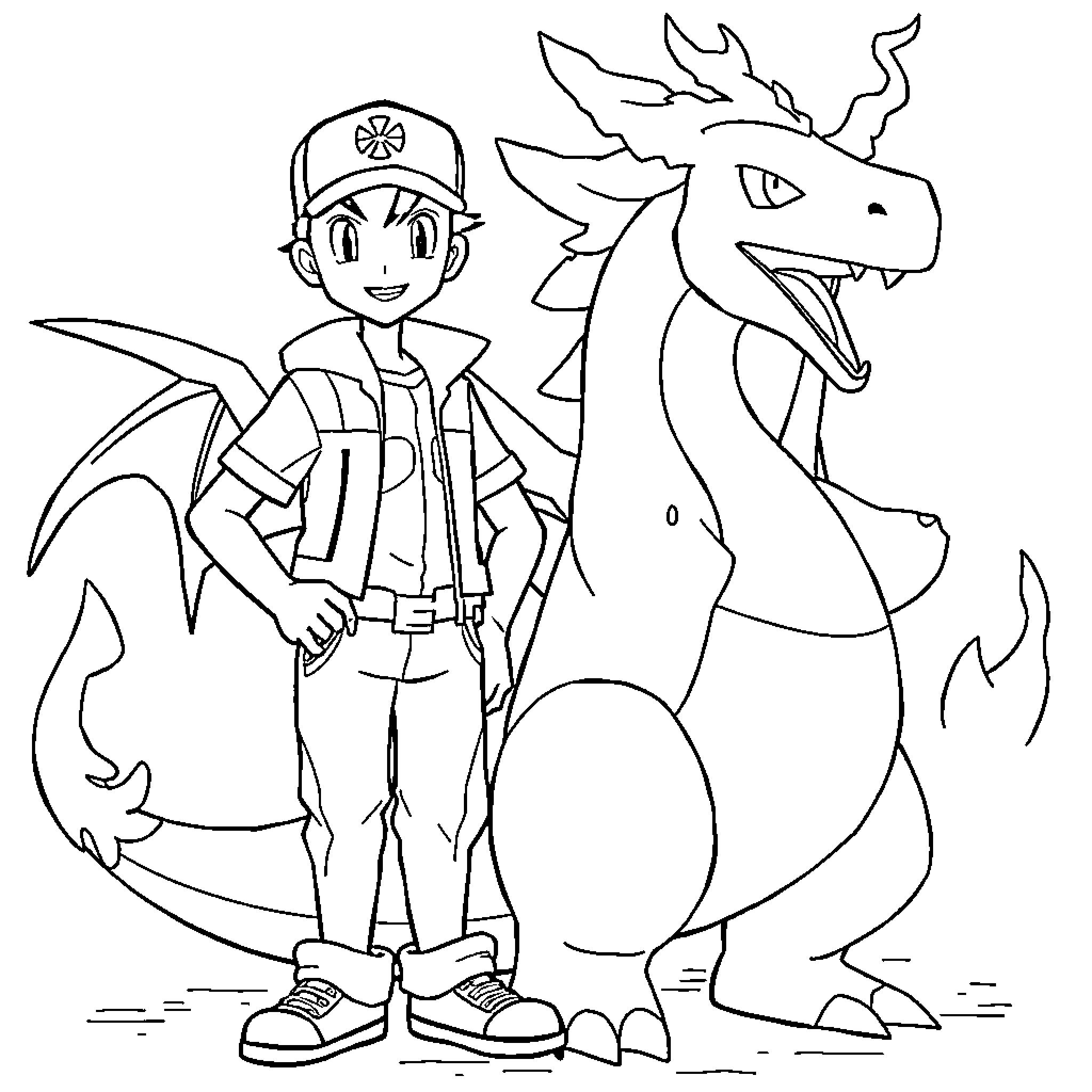 Pokemon Trainer poses with a fierce dragon Coloring Page (free black-and-white line drawing printable PDF for all, from beginners to advanced learners, including children, teens, adults, and seniors)