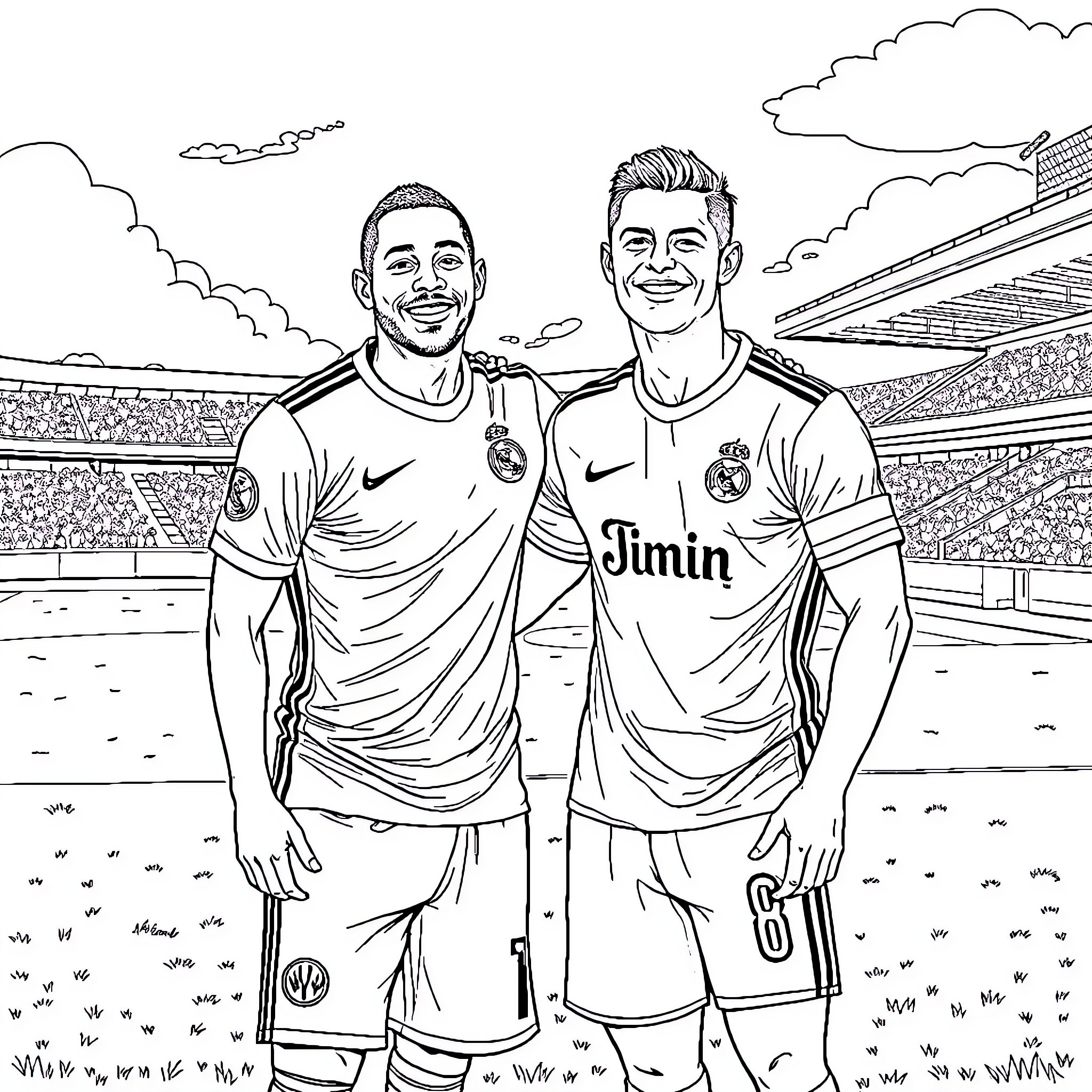 Mbappe and Ronaldo on the field Coloring Page (free black-and-white line drawing printable PDF for all, from beginners to advanced learners, including children, teens, adults, and seniors)