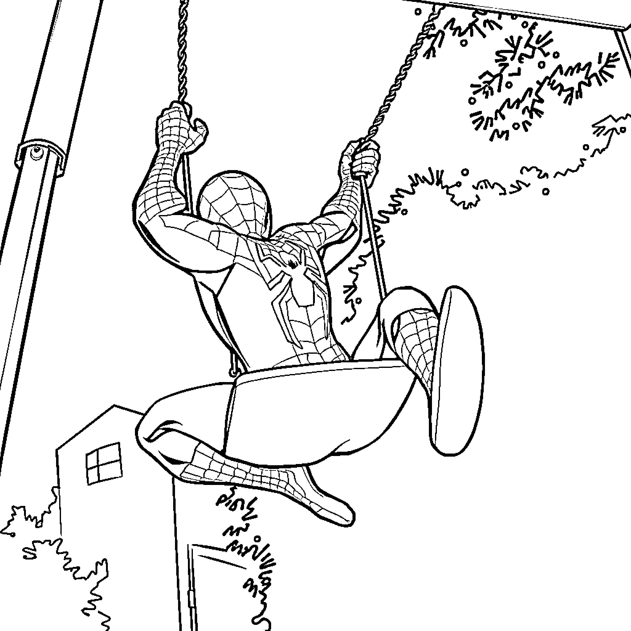 Spiderman swinging through the city on webs Coloring Page (free black-and-white line drawing printable PDF for all, from beginners to advanced learners, including children, teens, adults, and seniors)