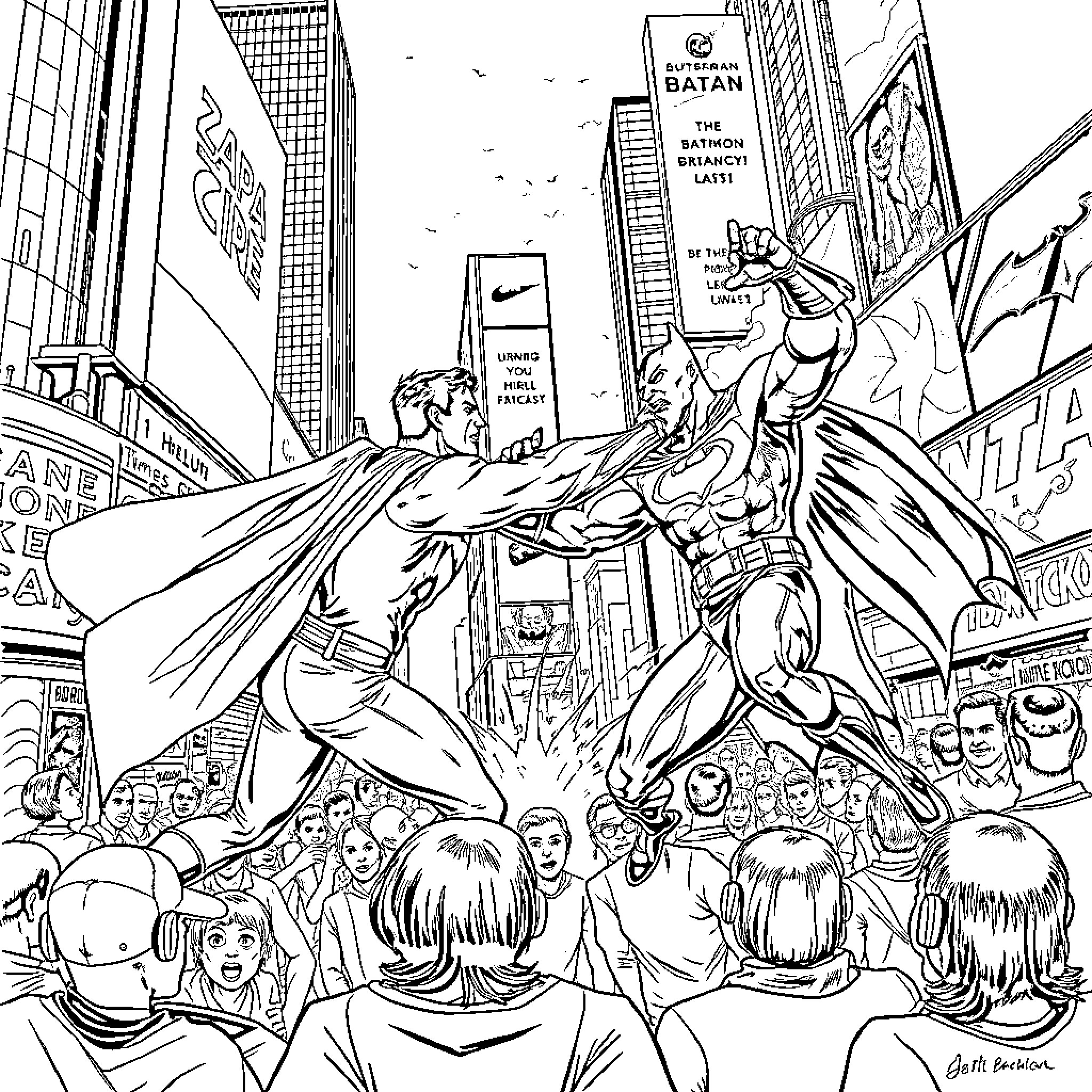 Superman rescuing a citizen in the city Coloring Page (free black-and-white line drawing printable PDF for all, from beginners to advanced learners, including children, teens, adults, and seniors)