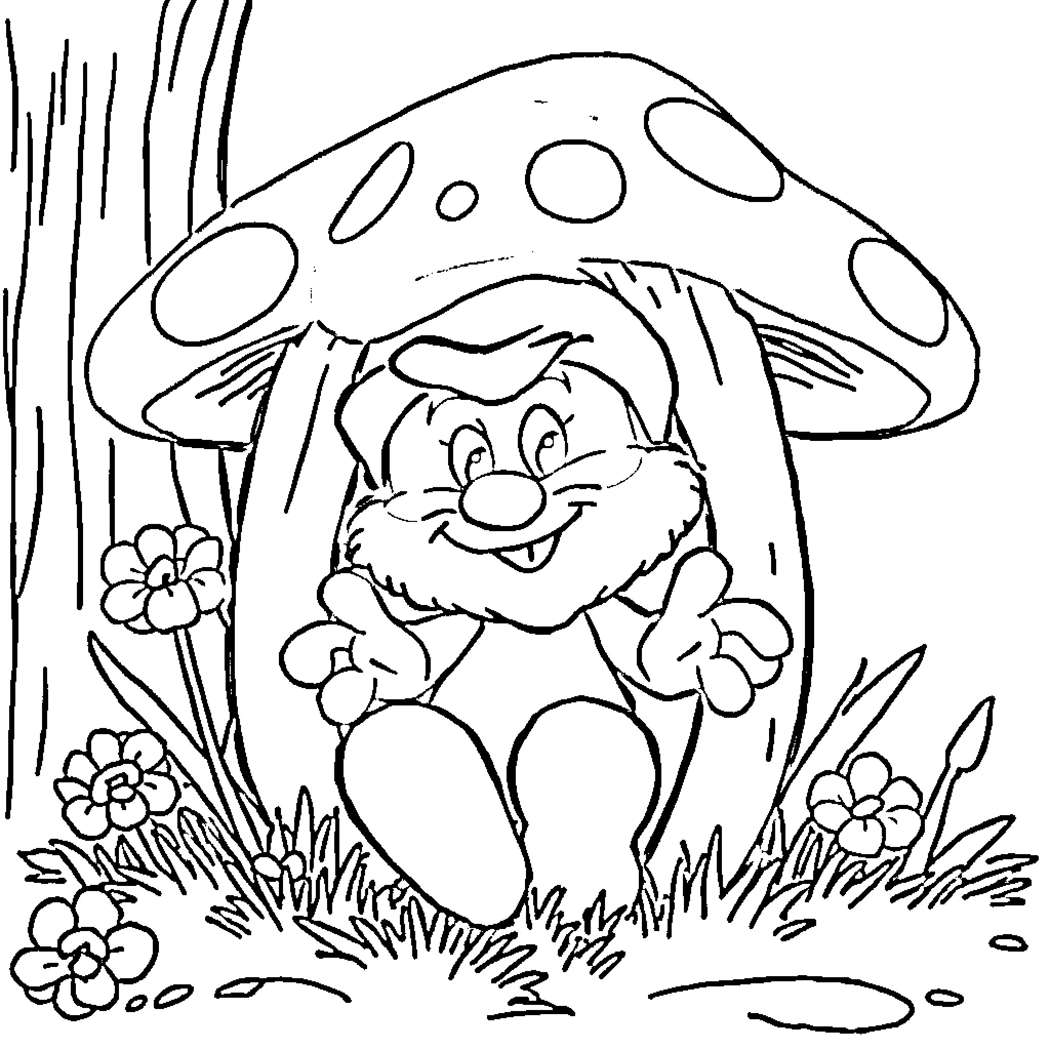 Smurfcat Playing Joyfully Among Mushrooms and Flowers Coloring Page (free black-and-white line drawing printable PDF for all, from beginners to advanced learners, including children, teens, adults, and seniors)