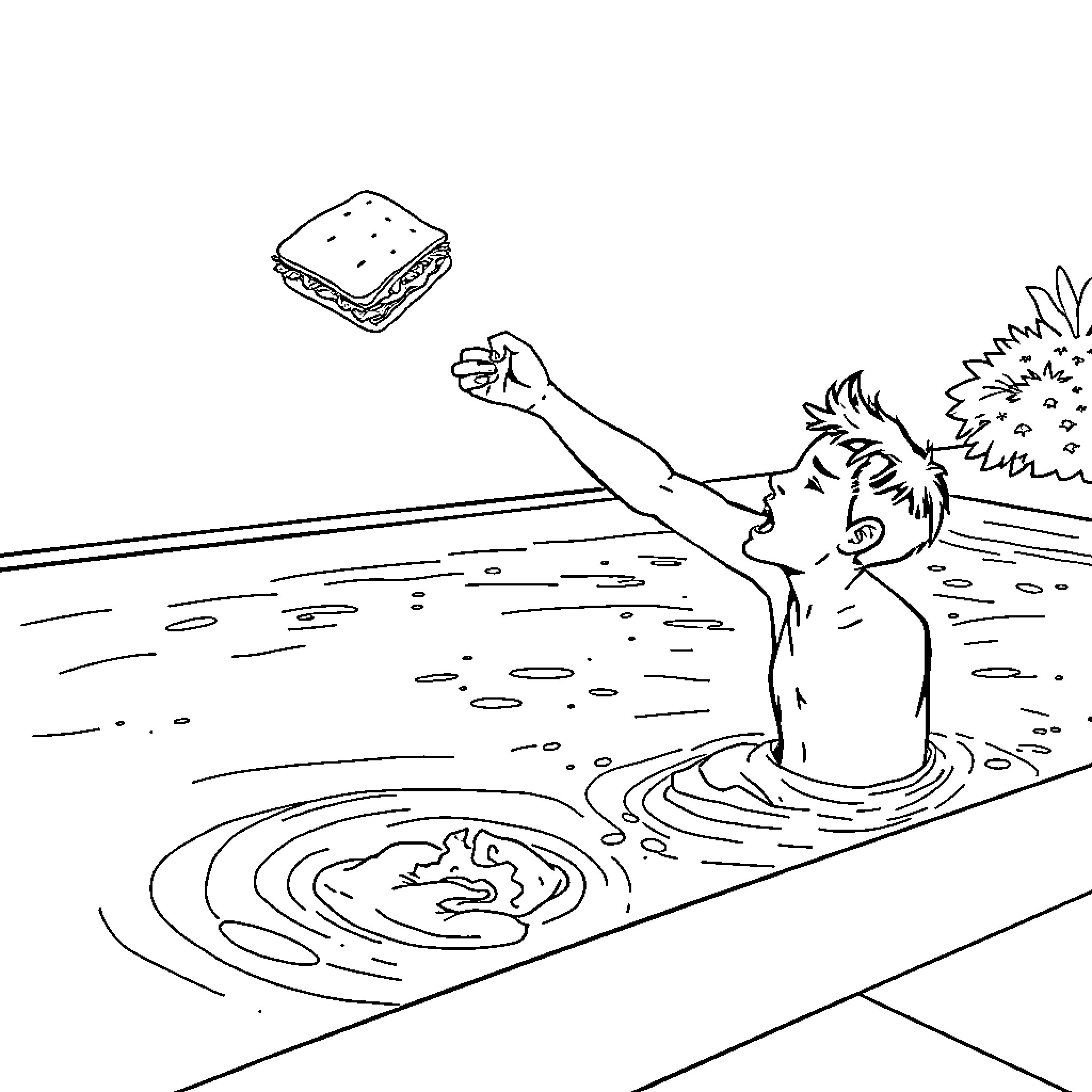 Guy swimming and reaching for a sandwich Coloring Page (free black-and-white line drawing printable PDF for all, from beginners to advanced learners, including children, teens, adults, and seniors)