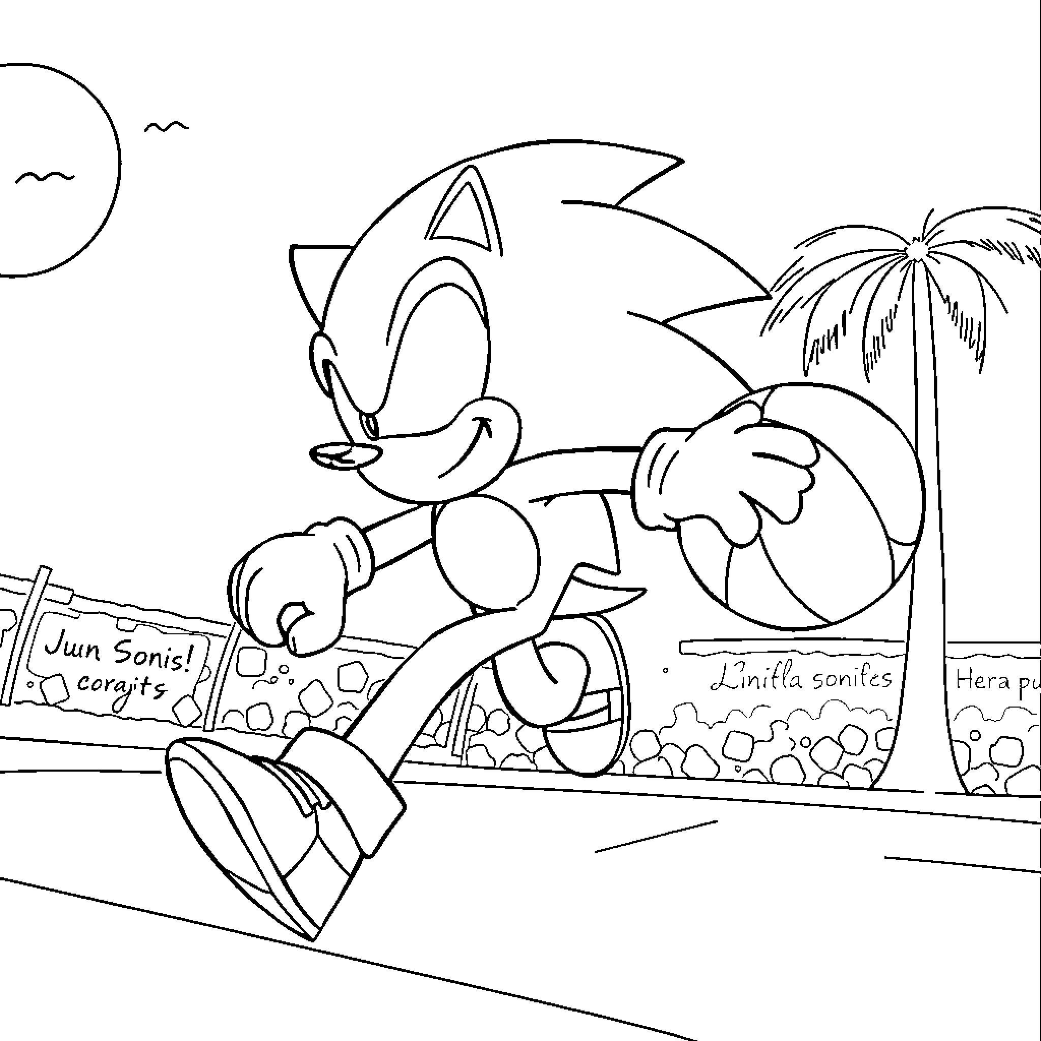 Sonic Character Running on Beach with Palm Trees Coloring Page (free black-and-white line drawing printable PDF for all, from beginners to advanced learners, including children, teens, adults, and seniors)