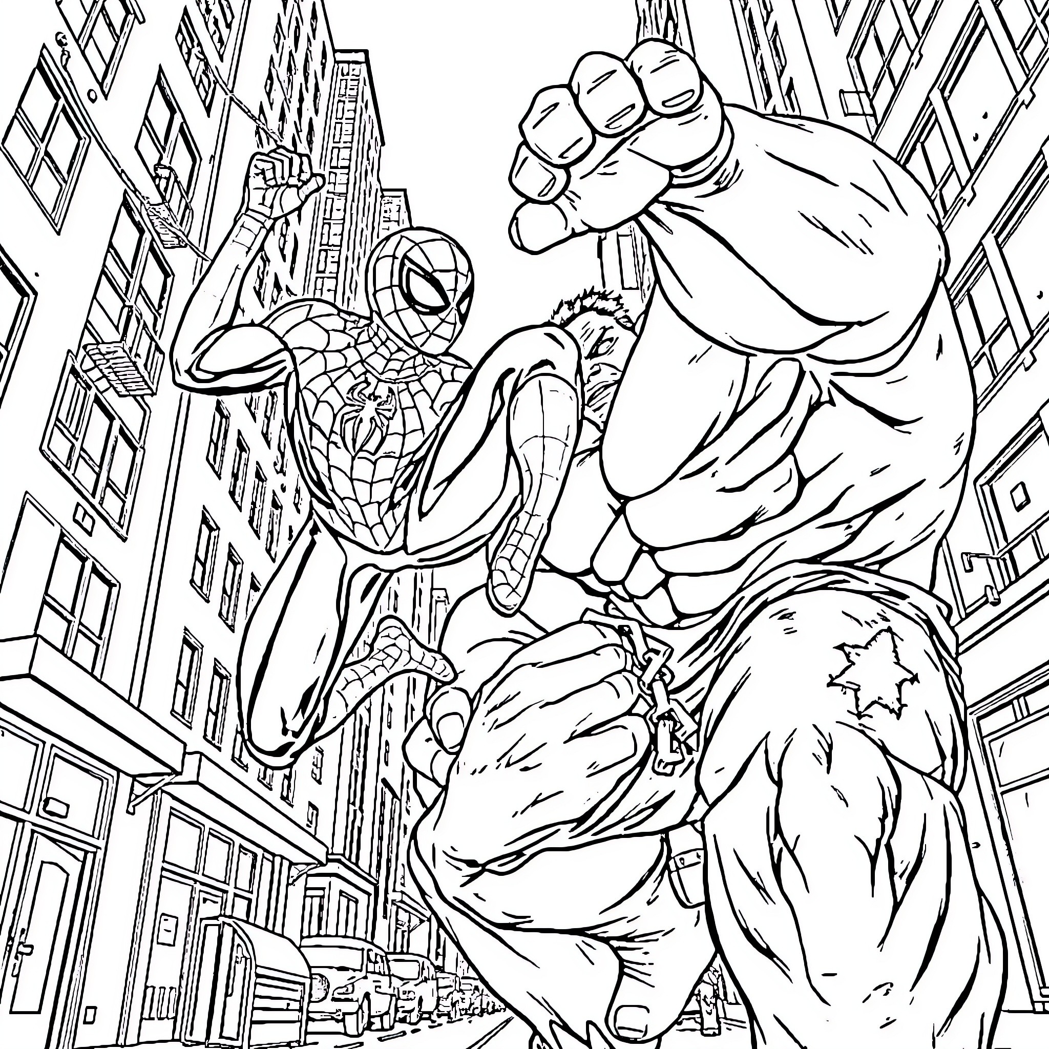 Spider-Man in action-packed city scene Coloring Page (free black-and-white line drawing printable PDF for all, from beginners to advanced learners, including children, teens, adults, and seniors)