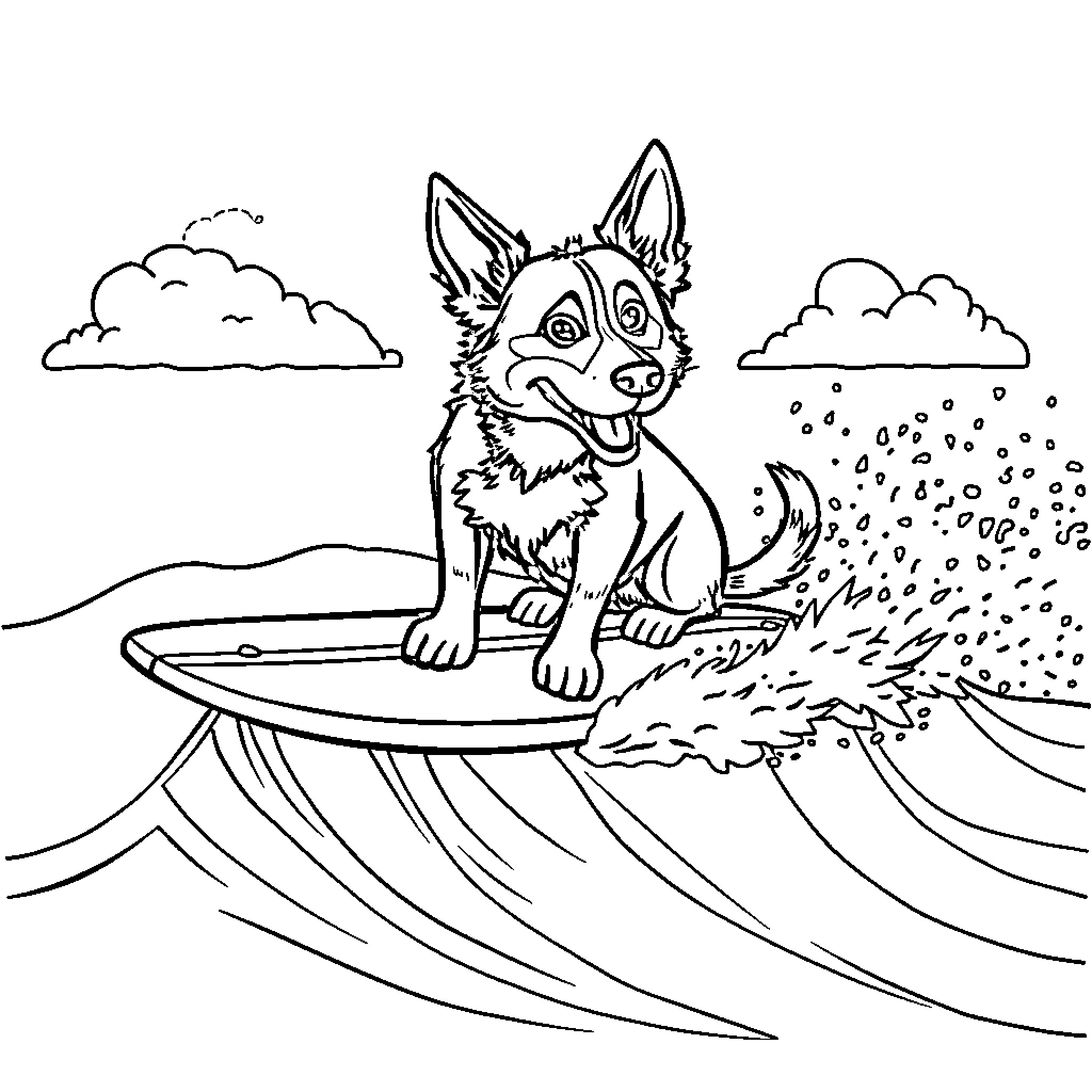 Blue Heeler surfing the waves Coloring Page (free black-and-white line drawing printable PDF for all, from beginners to advanced learners, including children, teens, adults, and seniors)
