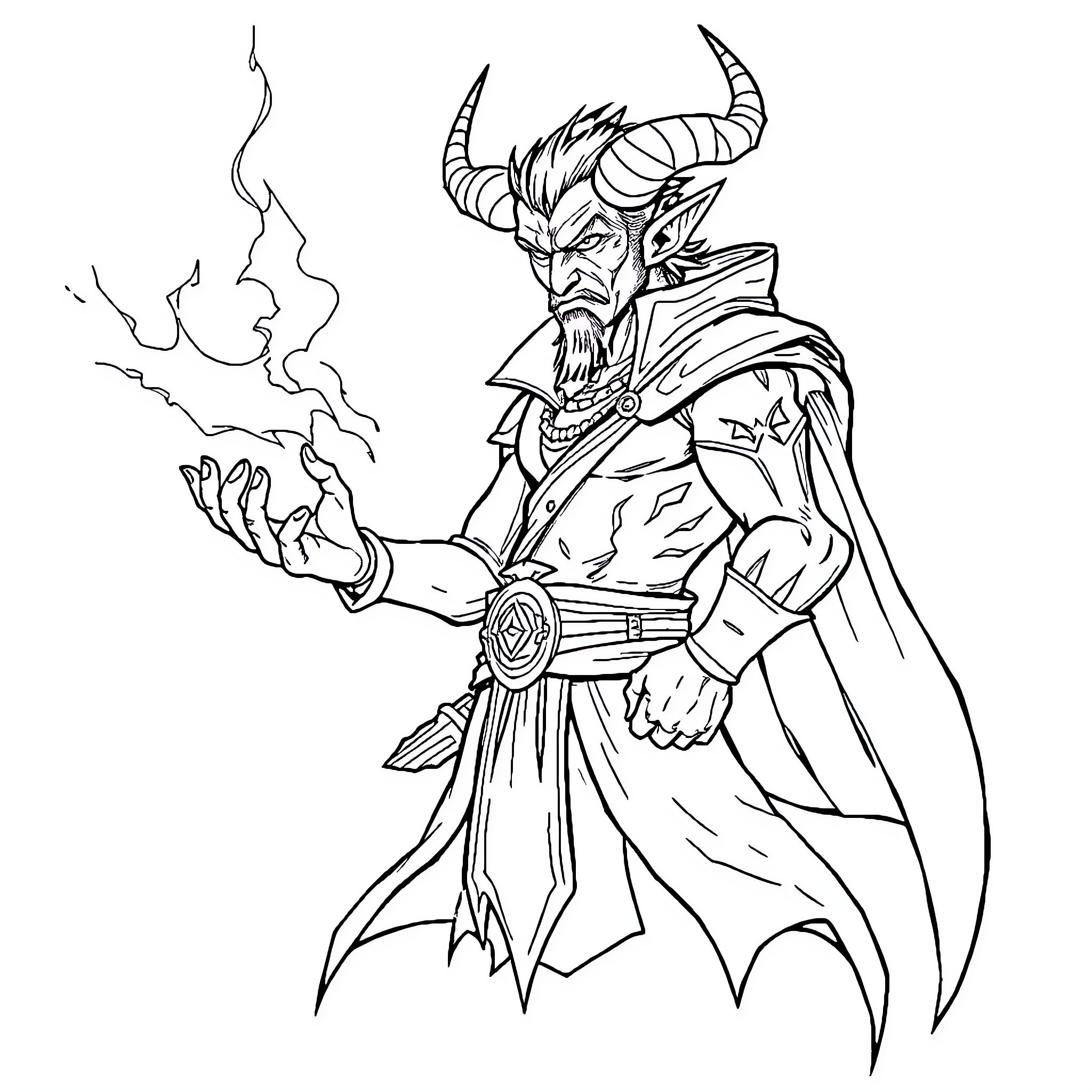 Tiefling Mage Casting Powerful Spell Coloring Page (free black-and-white line drawing printable PDF for all, from beginners to advanced learners, including children, teens, adults, and seniors)
