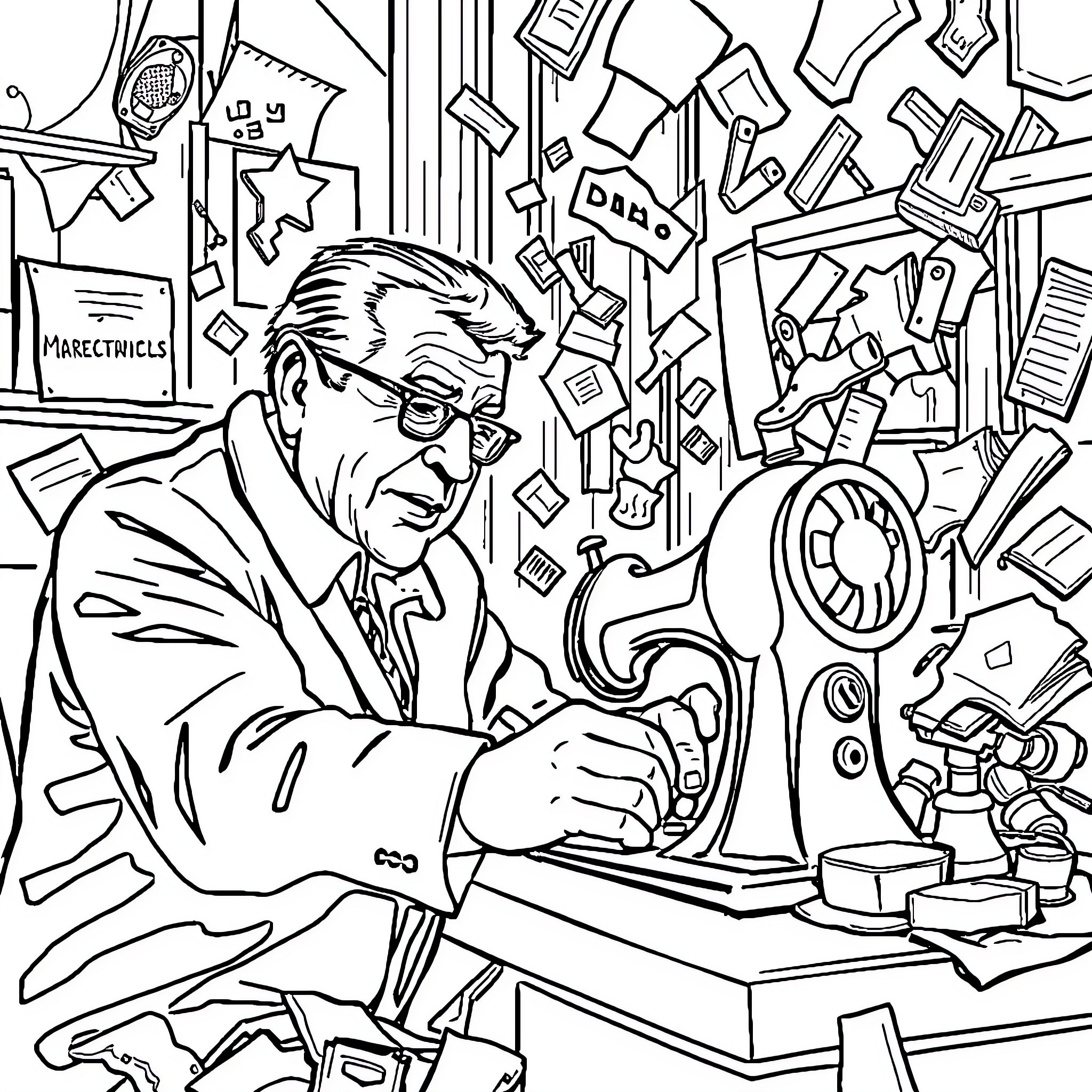 Jerry Lewis Comedic Chaos in the Office Coloring Page (free black-and-white line drawing printable PDF for all, from beginners to advanced learners, including children, teens, adults, and seniors)