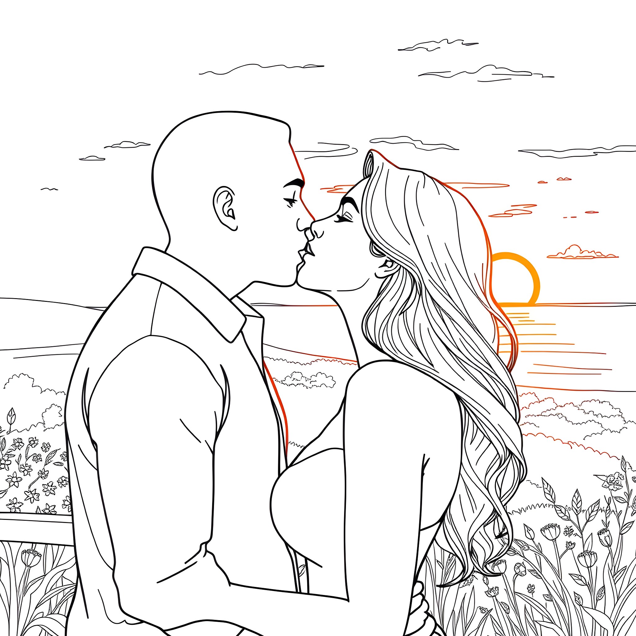 Kelly Brook in a romantic sunset embrace Coloring Page (free black-and-white line drawing printable PDF for all, from beginners to advanced learners, including children, teens, adults, and seniors)