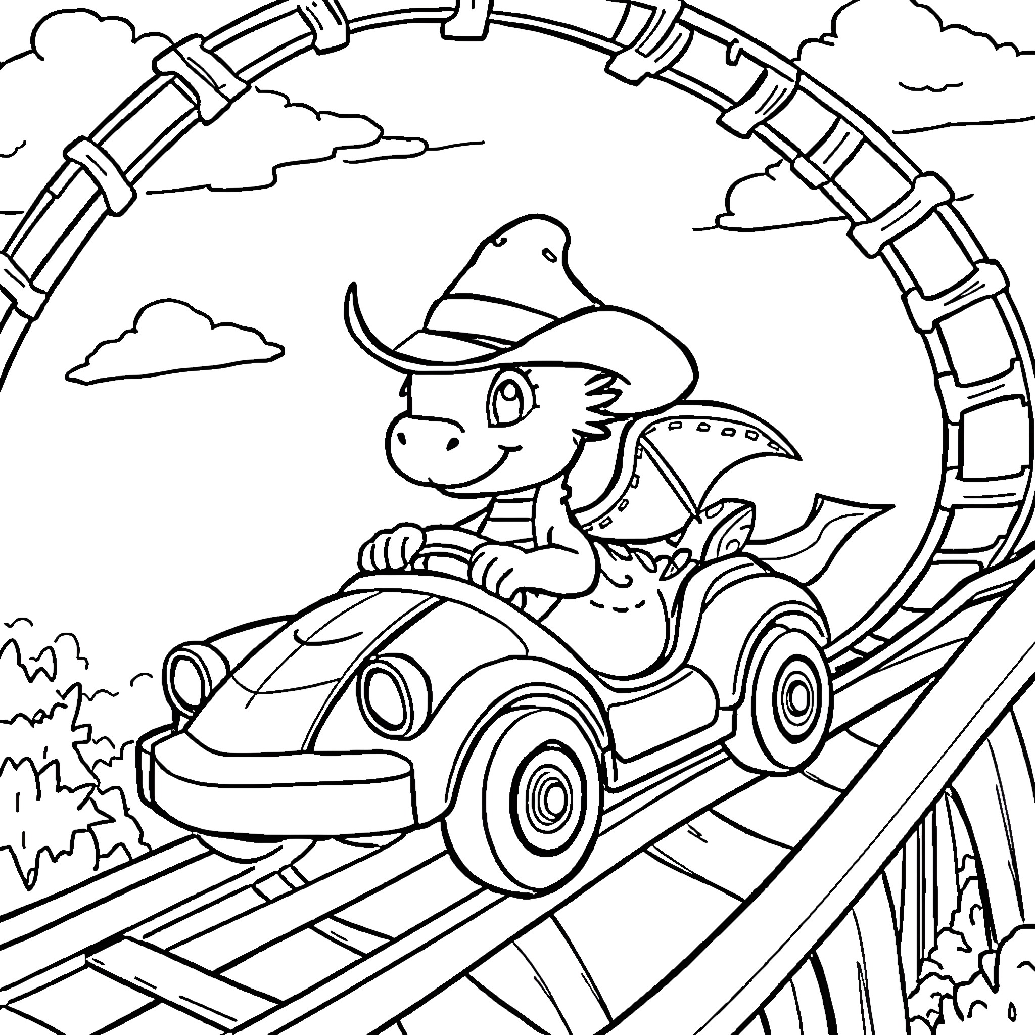 Dragon riding a car on a rollercoaster track Coloring Page (free black-and-white line drawing printable PDF for all, from beginners to advanced learners, including children, teens, adults, and seniors)