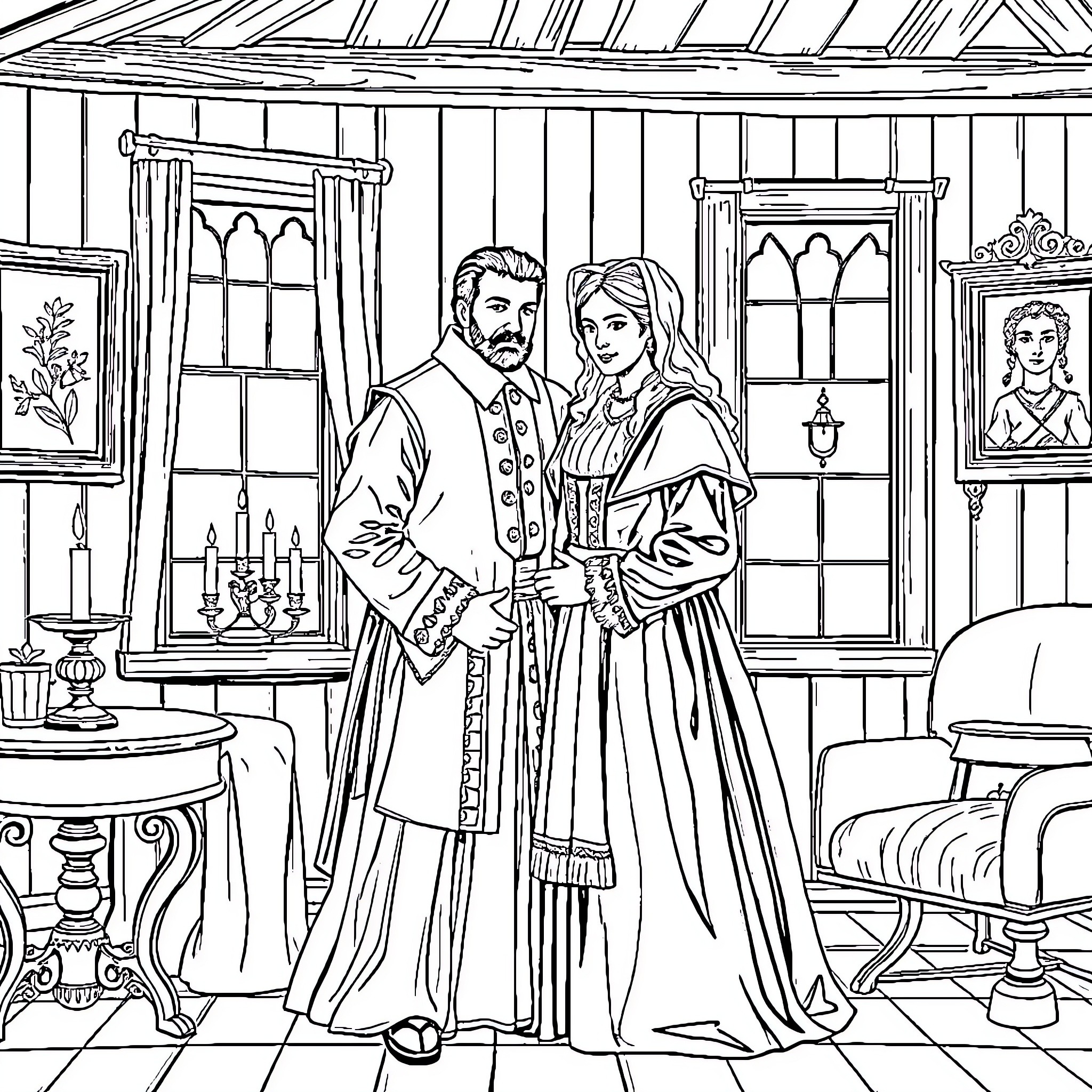 Couple in traditional period costumes Coloring Page (free black-and-white line drawing printable PDF for all, from beginners to advanced learners, including children, teens, adults, and seniors)