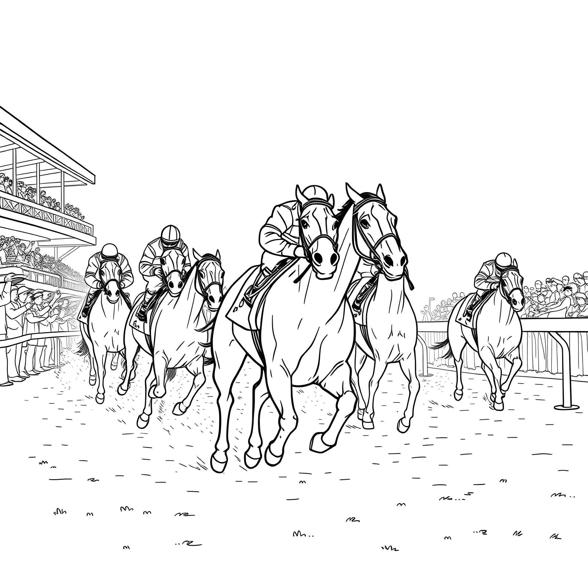 Horse Jockeys Racing on the Track Coloring Page (free black-and-white line drawing printable PDF for all, from beginners to advanced learners, including children, teens, adults, and seniors)