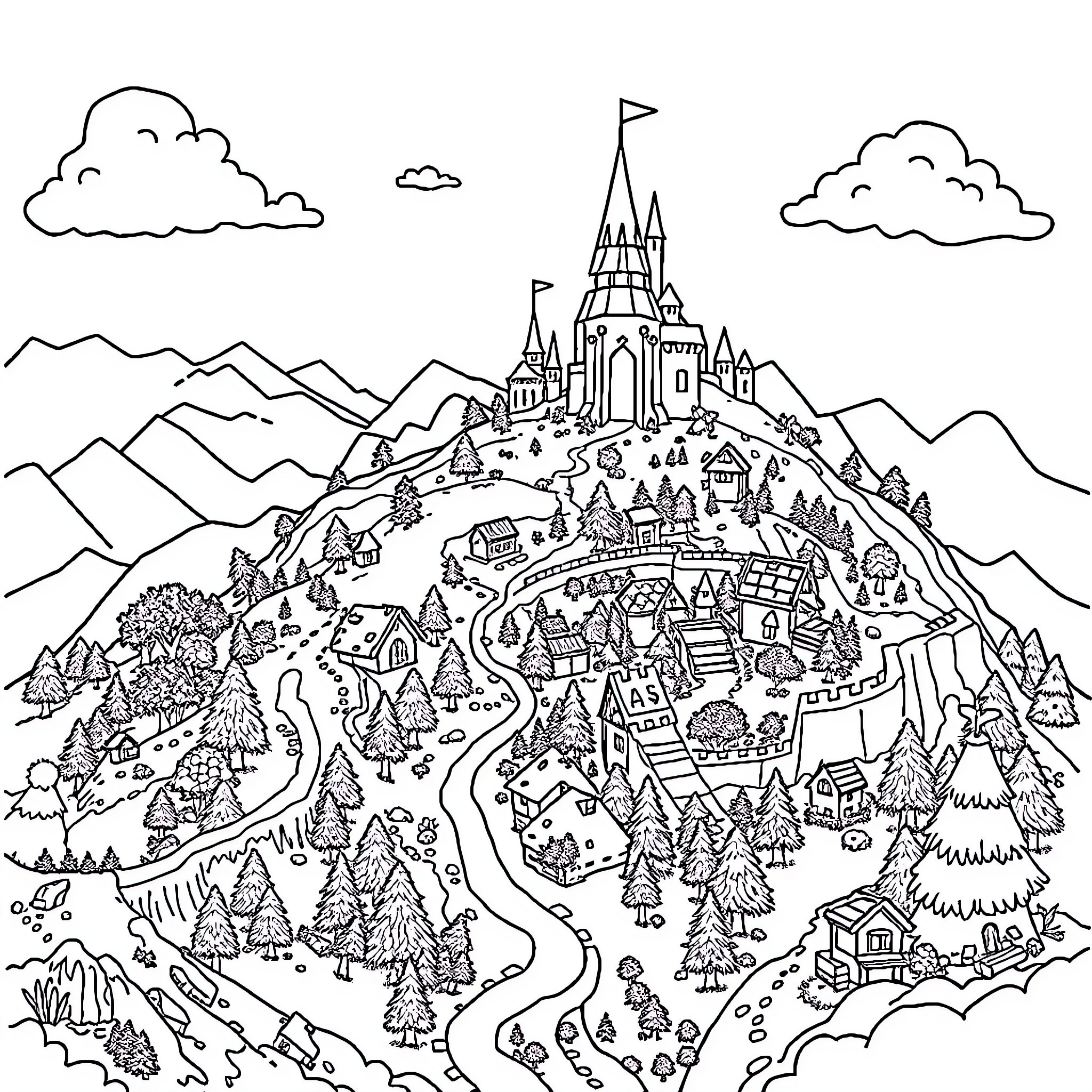 Mushroom Kingdom Landscape with Whimsical Castle Coloring Page (free black-and-white line drawing printable PDF for all, from beginners to advanced learners, including children, teens, adults, and seniors)