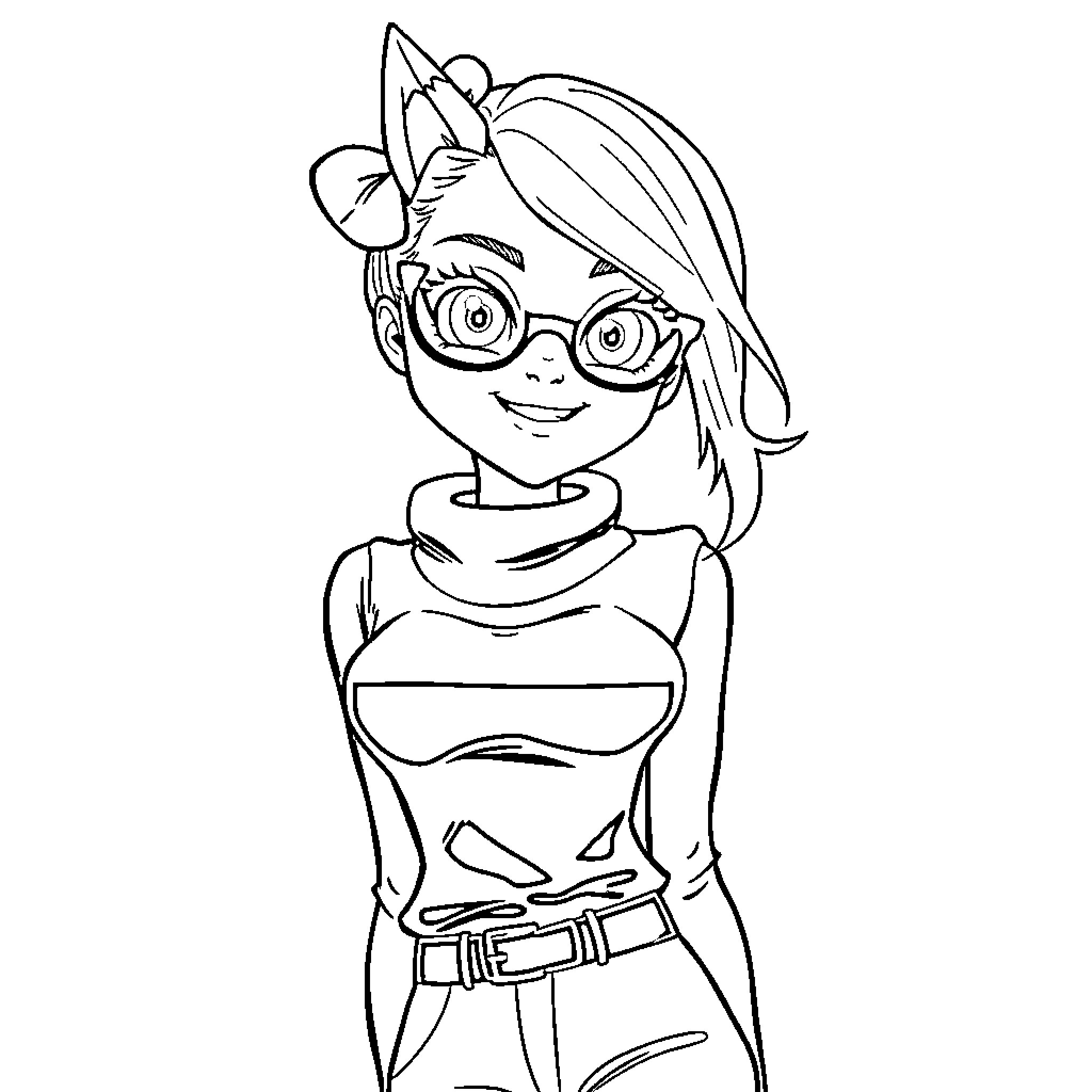 Katseye girl with glasses and hair bow Coloring Page (free black-and-white line drawing printable PDF for all, from beginners to advanced learners, including children, teens, adults, and seniors)