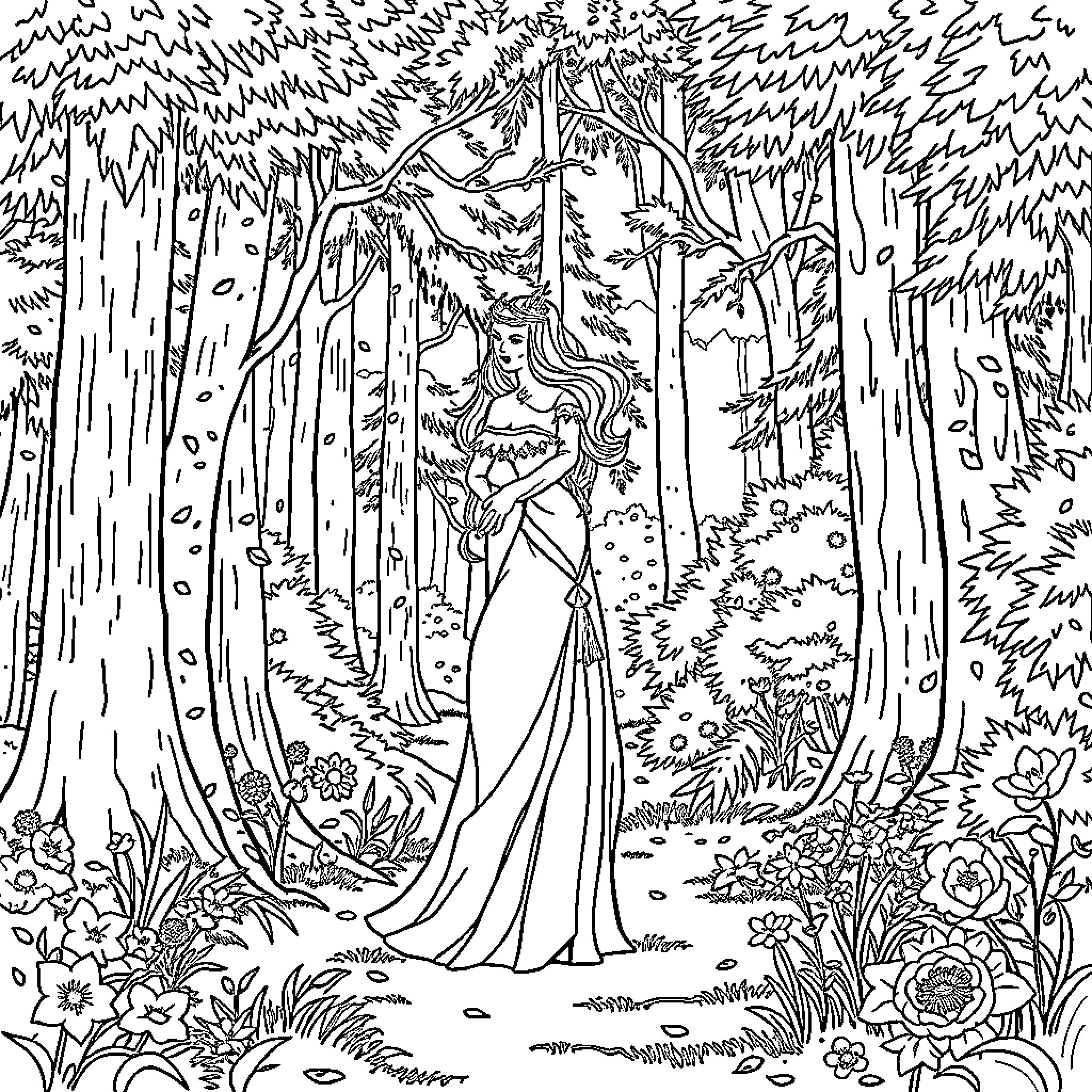 Princess in Enchanted Forest Coloring Page (free black-and-white line drawing printable PDF for all, from beginners to advanced learners, including children, teens, adults, and seniors)