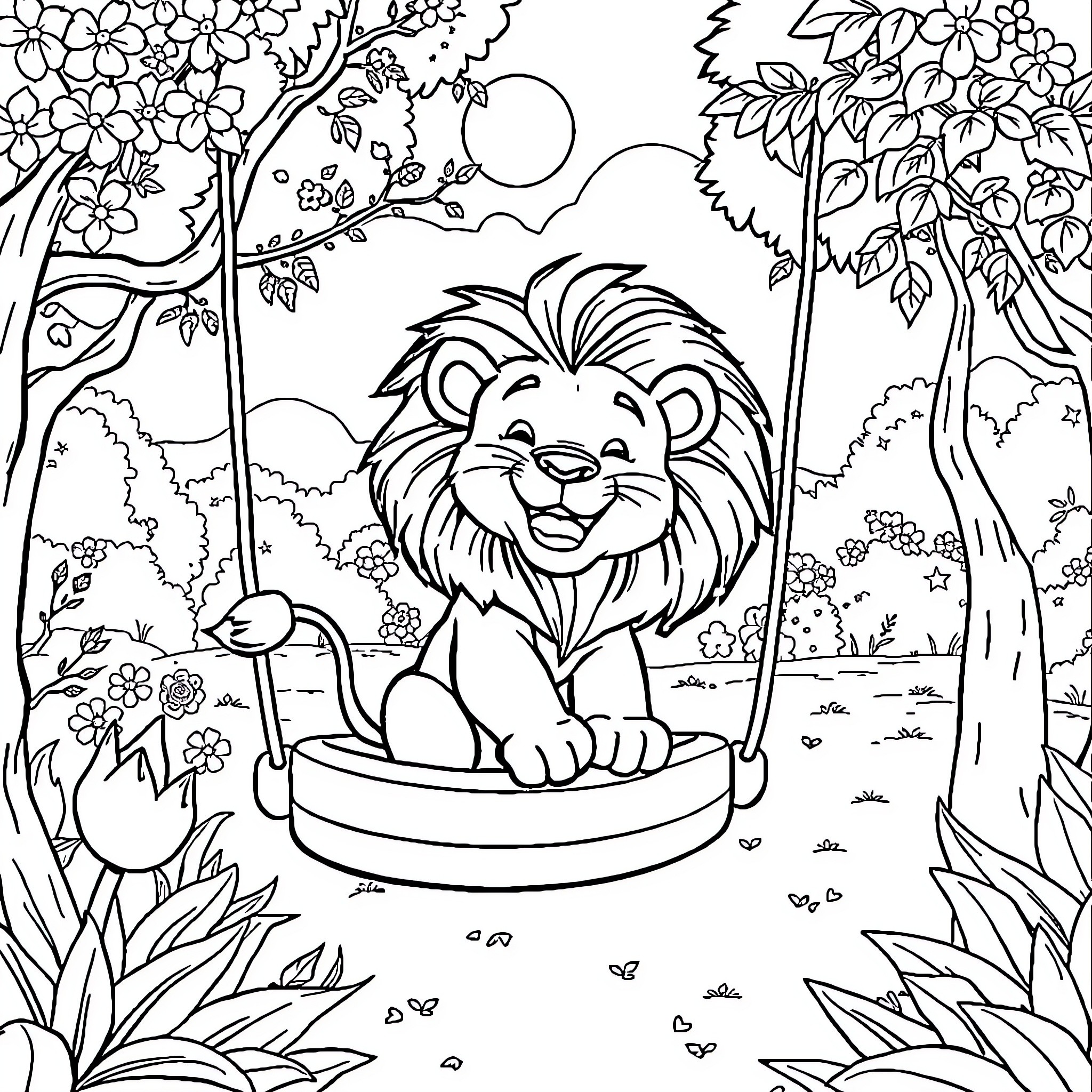 Lion playing in a floral garden Coloring Page (free black-and-white line drawing printable PDF for all, from beginners to advanced learners, including children, teens, adults, and seniors)