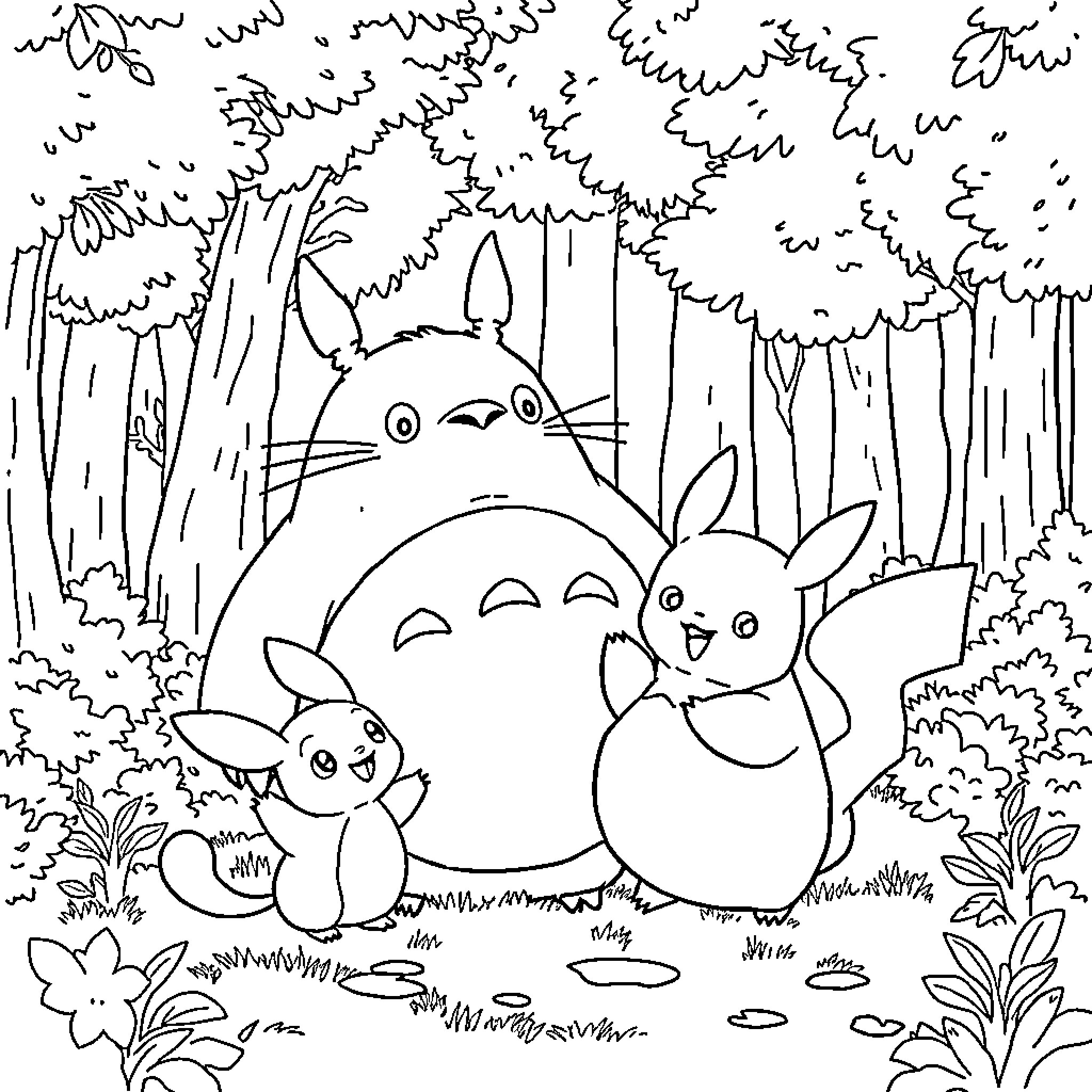 Evoli and Friends in Whimsical Forest Coloring Page (free black-and-white line drawing printable PDF for all, from beginners to advanced learners, including children, teens, adults, and seniors)