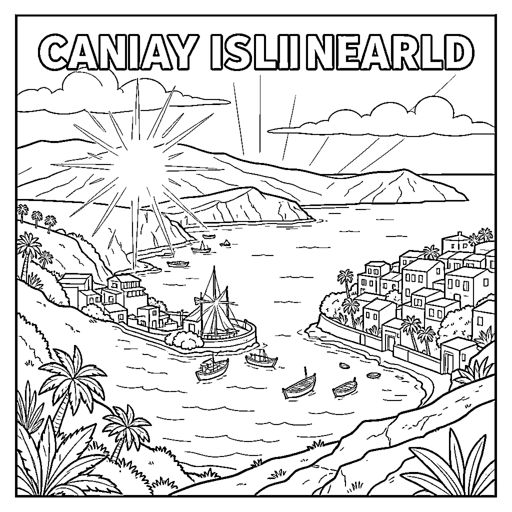 Canary Islands coastal landscape with boats and buildings Coloring Page (free black-and-white line drawing printable PDF for all, from beginners to advanced learners, including children, teens, adults, and seniors)