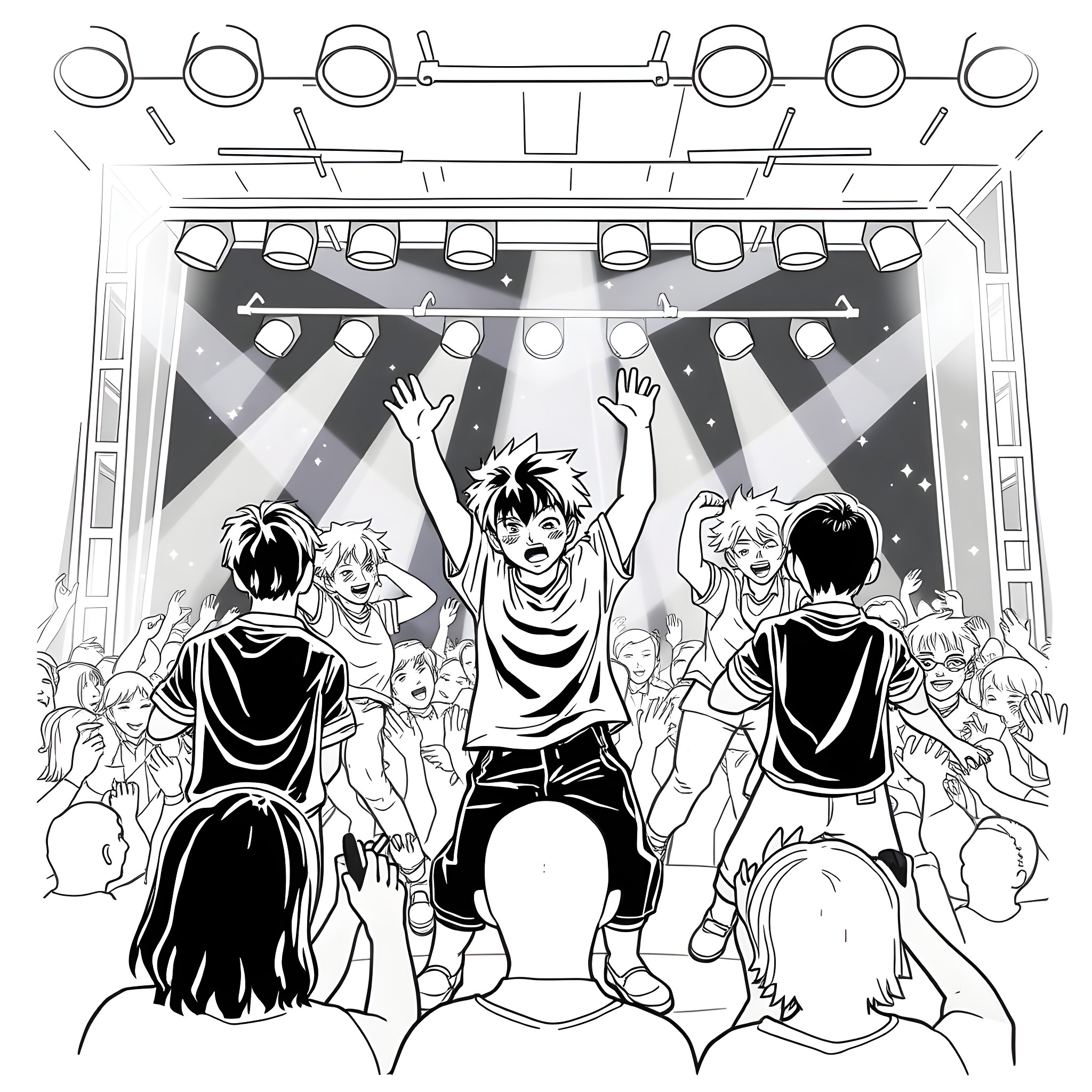 Stray Kids' Energetic Performance on Stage Coloring Page (free black-and-white line drawing printable PDF for all, from beginners to advanced learners, including children, teens, adults, and seniors)